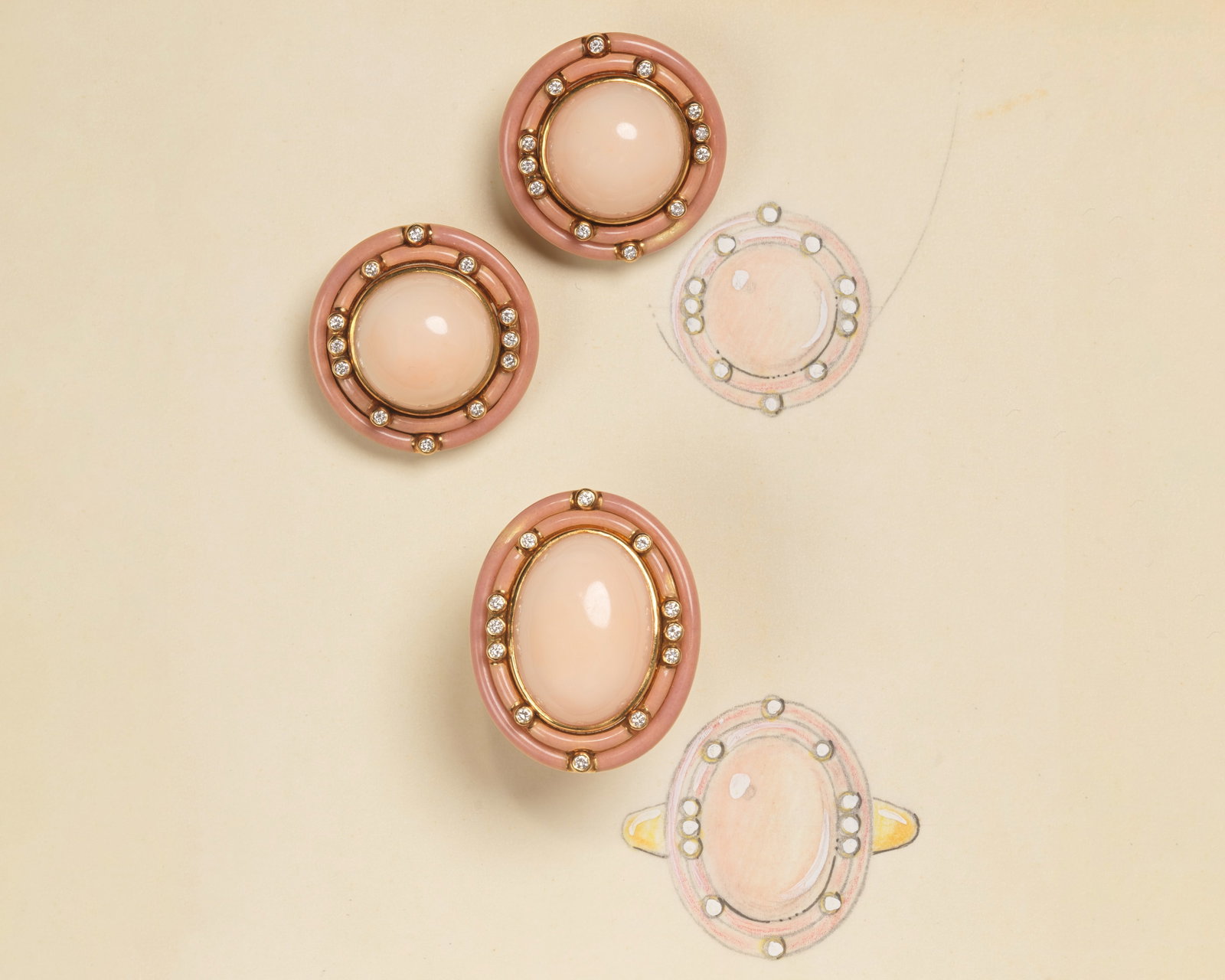 IVOR GORDON: CORAL, ENAMEL AND DIAMOND RING AND EARRINGS: IVOR GORDON: CORAL, ENAMEL AND DIAMOND RING AND EARRINGS Coral corallium rubrum cabochons surrounded by pink enamel and brilliant-cut diamond accents, maker's mark, diamonds approx. 0.55ct total,