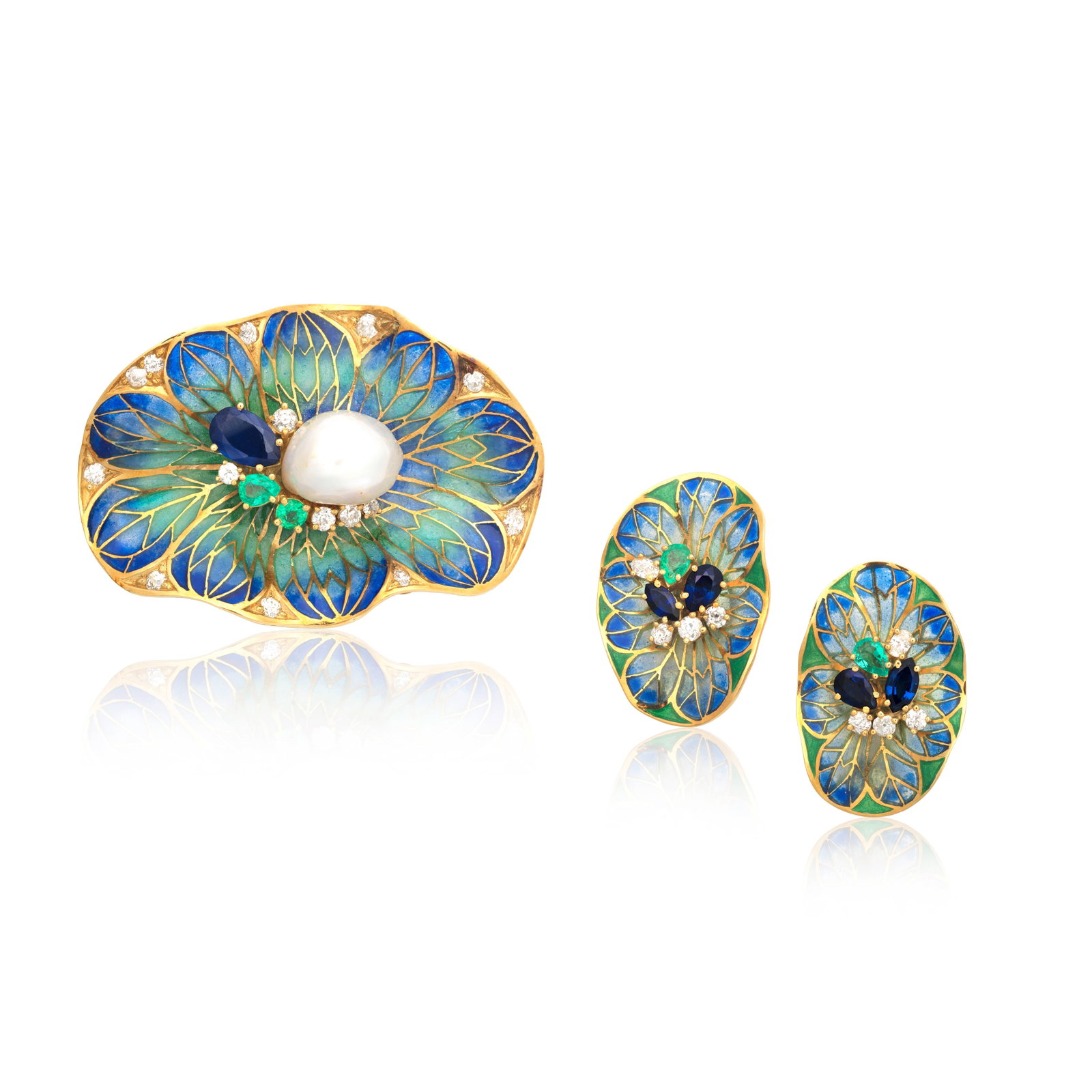 IVOR GORDON: ENAMEL, SAPPHIRE, EMERALD, DIAMOND AND PEARL BROOCH AND EARCLIP SUITE: IVOR GORDON: ENAMEL, SAPPHIRE, EMERALD, DIAMOND AND PEARL BROOCH AND EARCLIP SUITE Each with a plique-à-jour enamel ground, set with pear and marquise-cut sapphires and emeralds and brilliant
