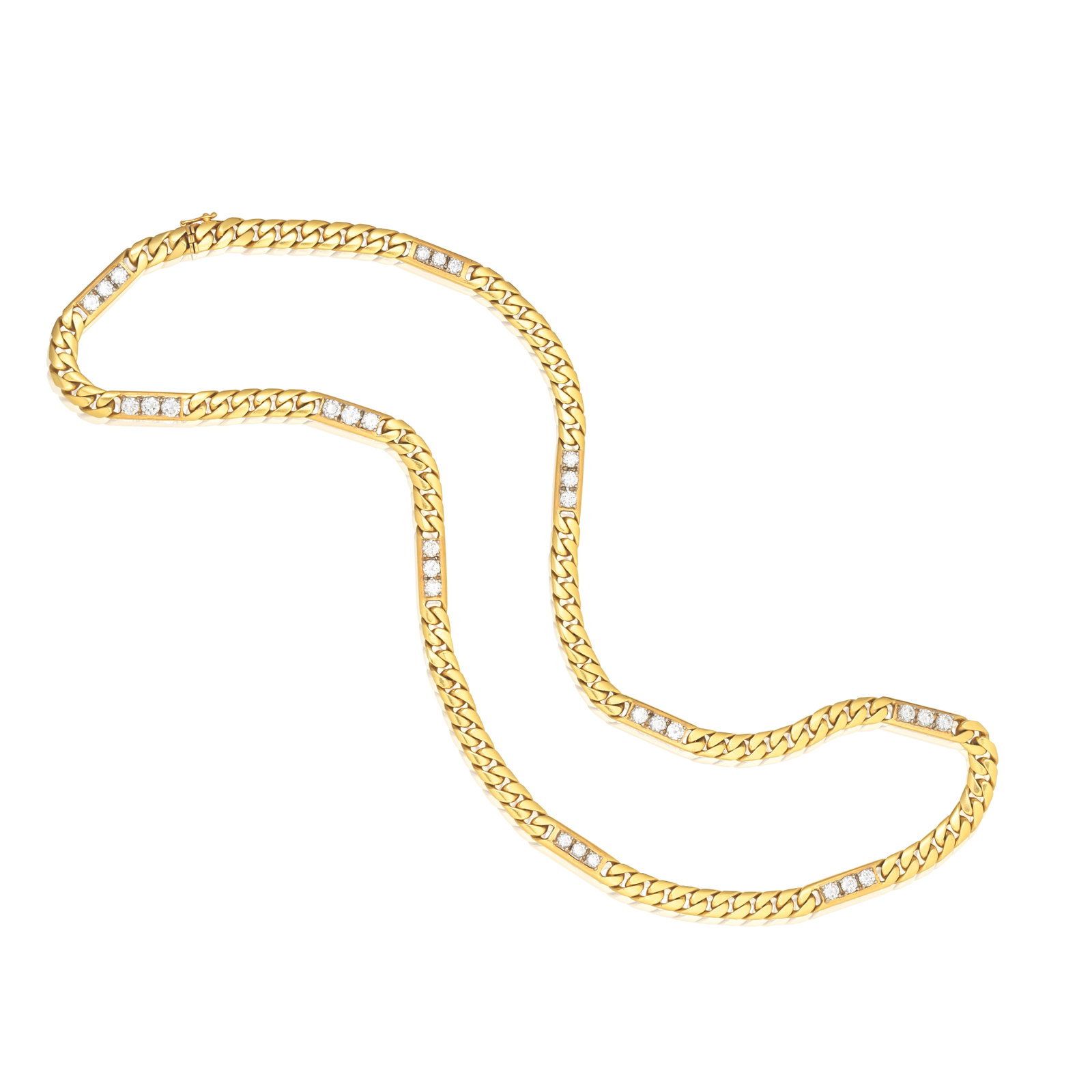 DIAMOND-SET CHAIN: DIAMOND-SET CHAIN Of curb-linking, accented by trios of brilliant-cut diamonds, diamonds approx. 7.50cts total, length 63.5cm Footnotes: Property from a Private Collection Lots 181 - 198 For further