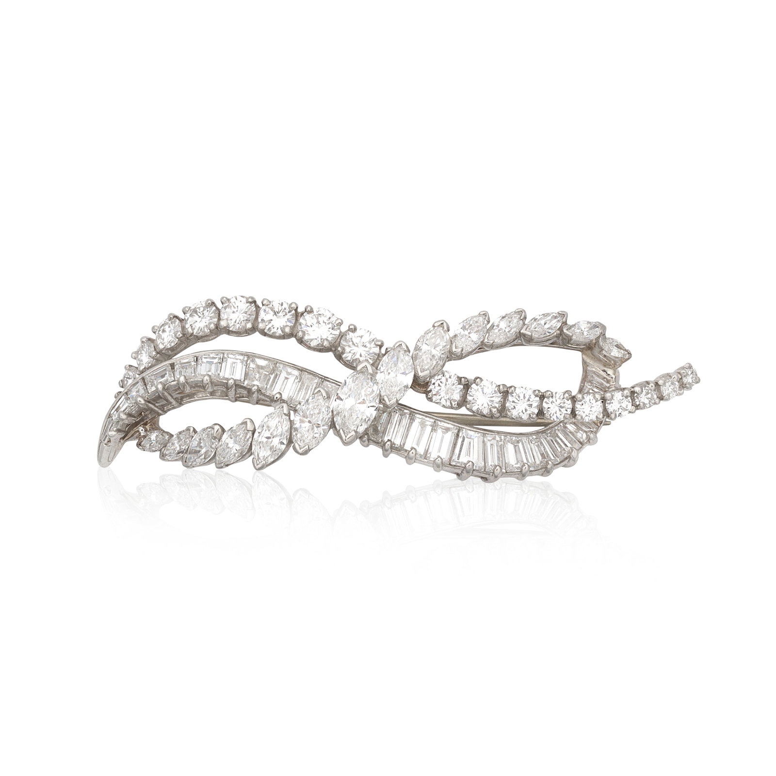 DIAMOND BROOCH: DIAMOND BROOCH Of openwork design, set with brilliant, marquise and step-cut diamonds, diamonds approx. 6.00cts total, length 5.7cm Footnotes: Property from a Private Collection Lots 181 - 198 For