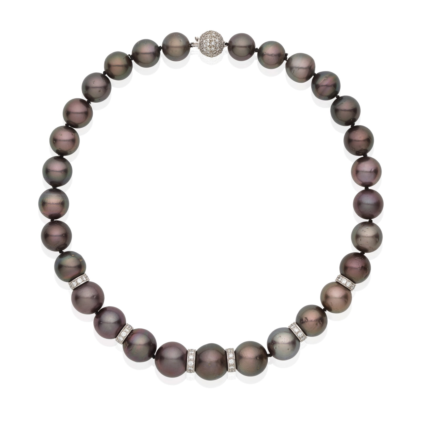 CULTURED PEARL AND DIAMOND-SET NECKLACE: CULTURED PEARL AND DIAMOND-SET NECKLACE The 11.8 - 15.5mm cultured pearls of grey tint graduating inwardly in size, accented by diamond-set rondelle spacers, diamonds approx. 2.40cts total, length