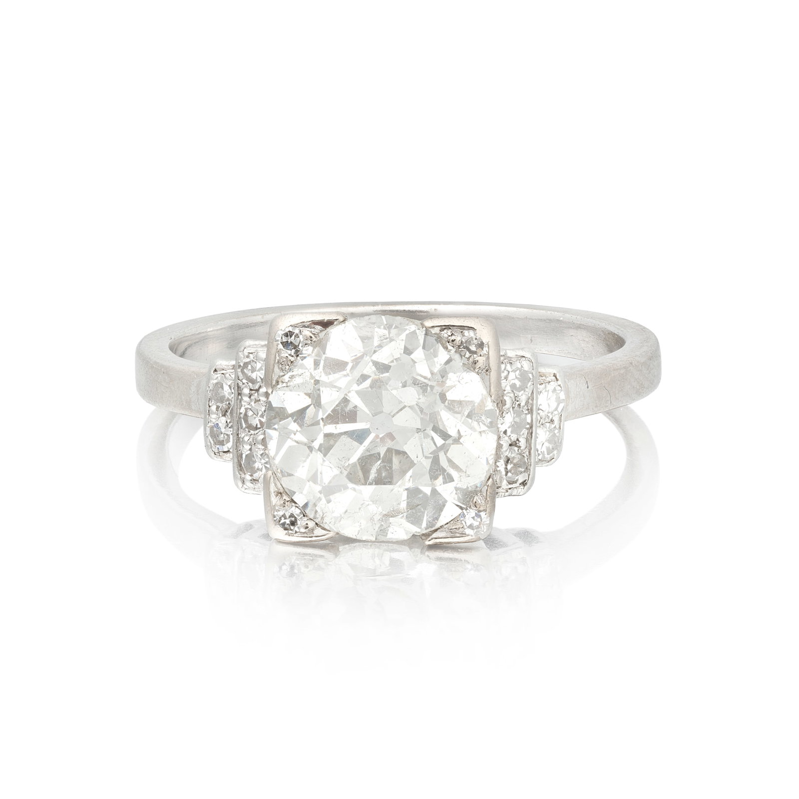 DIAMOND SINGLE-STONE RING: DIAMOND SINGLE-STONE RING The old brilliant-cut diamond weighing 2.41 carats, to tiered shoulders of single-cut diamonds, ring size approx. N For further information on this lot please visit Bonhams.c