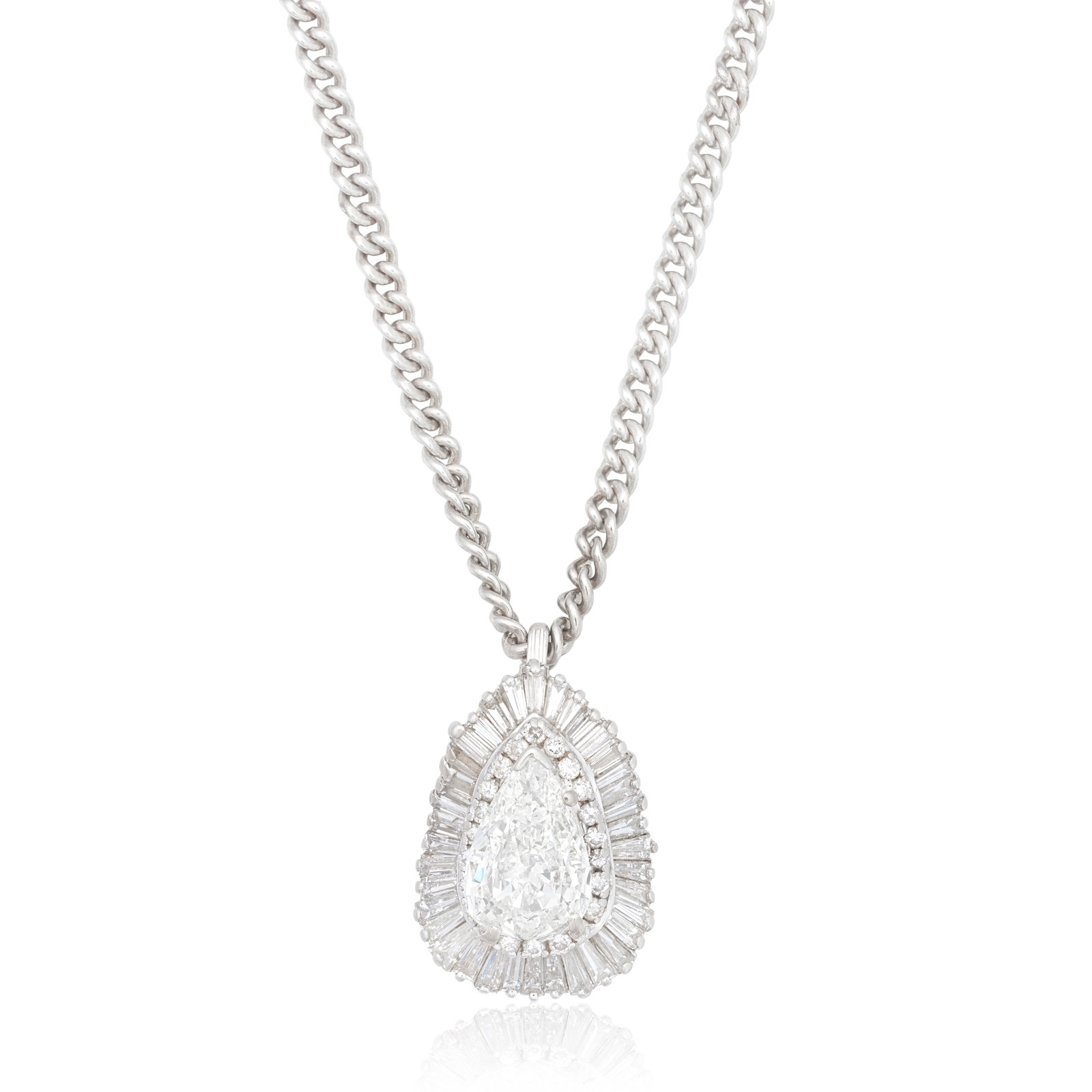 DIAMOND-SET PENDANT: DIAMOND-SET PENDANT The pear-cut diamond weighing 4.07 carats set to an undulating border of baguette-cut diamonds, suspended from a curb link chain, remaining diamonds approx. 3.35cts total, pendant