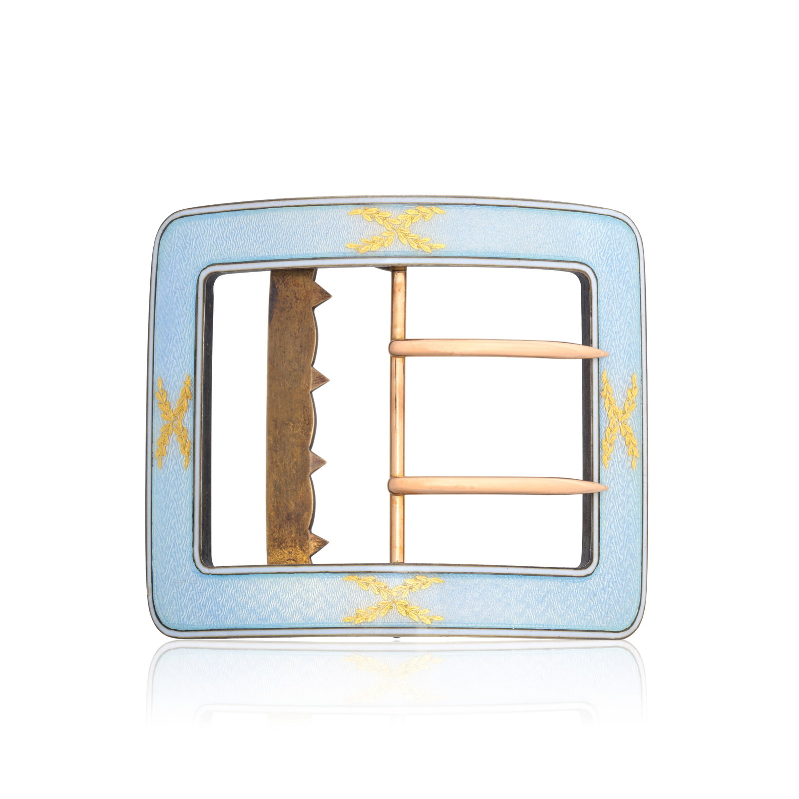 CARTIER: ENAMEL BUCKLE, CIRCA 1905: CARTIER: ENAMEL BUCKLE, CIRCA 1905 The buckle of light blue guilloché within a white enamel border, each side accented by gold intertwined laurel leaves, signed Cartier, numbered 555, French
