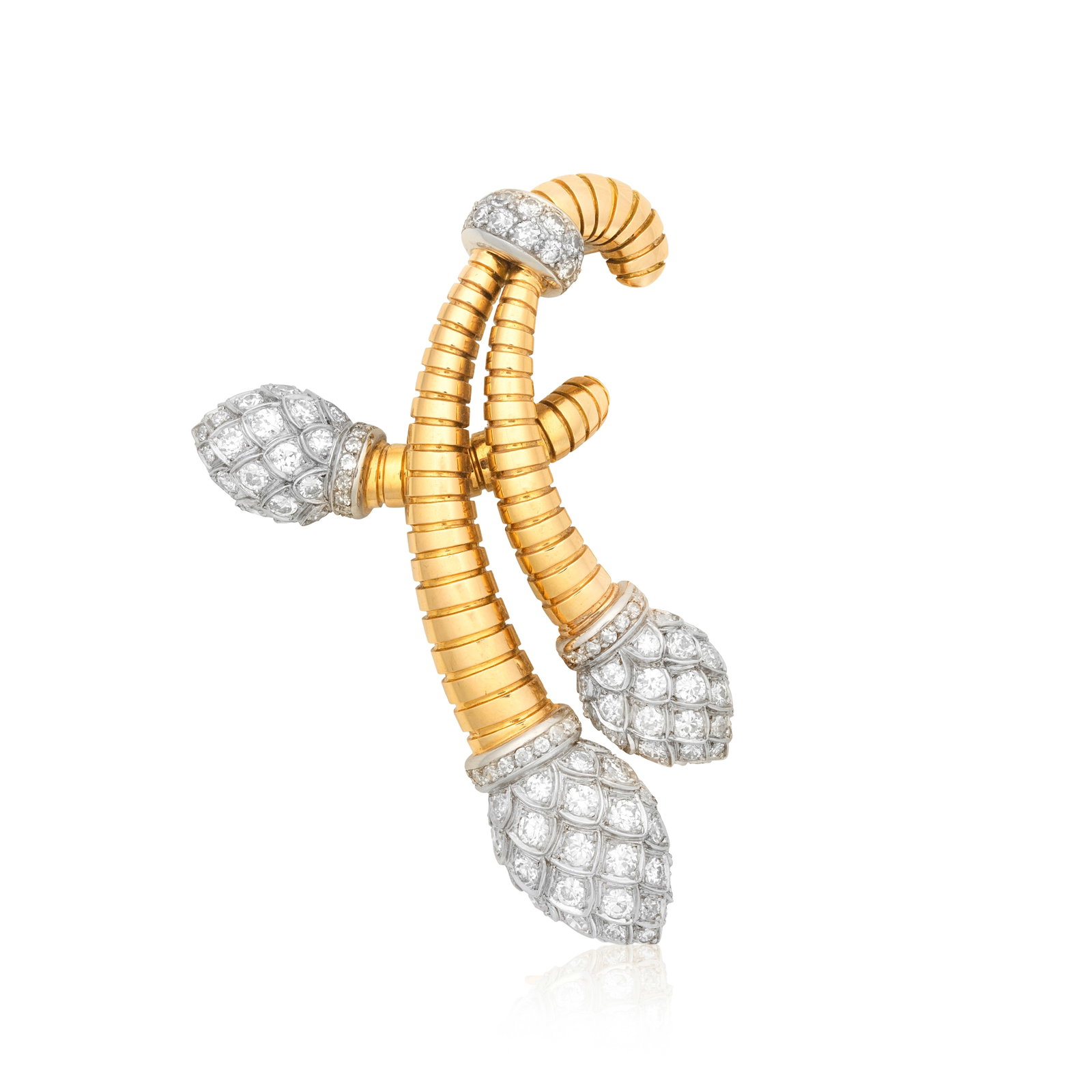 DIAMOND-SET BROOCH, FRENCH, CIRCA 1947-1950: DIAMOND-SET BROOCH, FRENCH, CIRCA 1947-1950 The curved reeded stems issuing pine cone finials, set with old brilliant-cut diamonds, numbered 1927 and 1947 (possibly dates to commemorate a twenty-year 