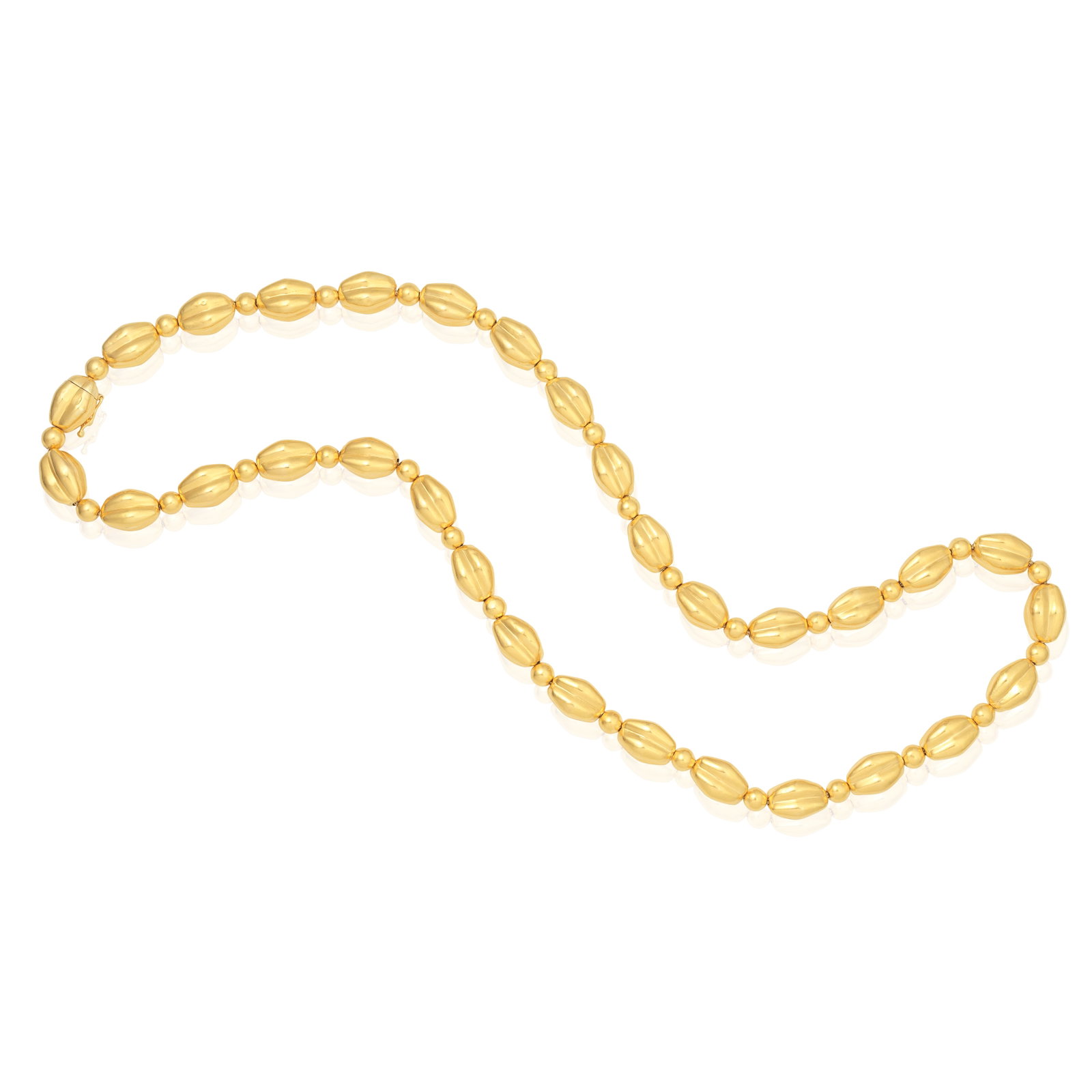 LALAOUNIS: 'AFRICA-NUBIA' BEAD NECKLACE: LALAOUNIS: 'AFRICA-NUBIA' BEAD NECKLACE Designed as a row of alternating fluted beads and spherical spacers, maker's mark, length 73.0cm For further information on this lot please visit Bonhams.com