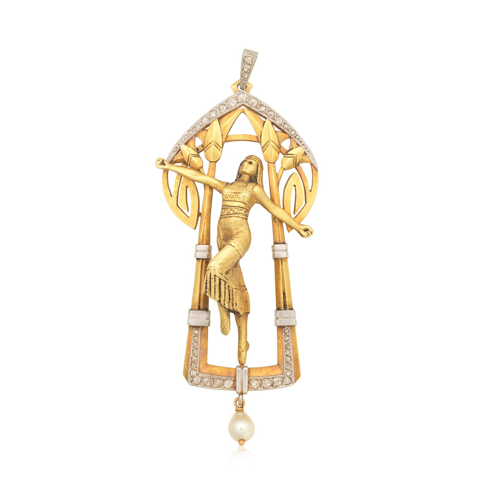 DIAMOND-SET PENDANT, FRENCH, CIRCA 1910: DIAMOND-SET PENDANT, FRENCH, CIRCA 1910 The engraved three-dimensional figure of a woman with arms outstretched, within an openwork bicoloured surround of papyrus leaves, accented by rose-cut