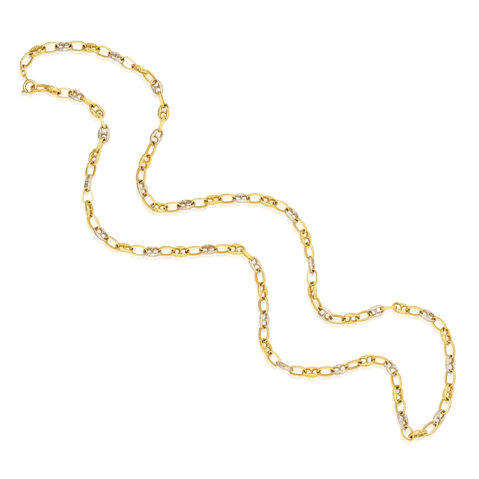 KUTCHINSKY: BICOLOURED GOLD NECKLACE, CIRCA 1973: KUTCHINSKY: BICOLOURED GOLD NECKLACE, CIRCA 1973 The textured chain of alternating mariner and oval linking, mounted in 18 carat bicoloured gold, maker's mark KLD, UK import mark, length 82.3cm For