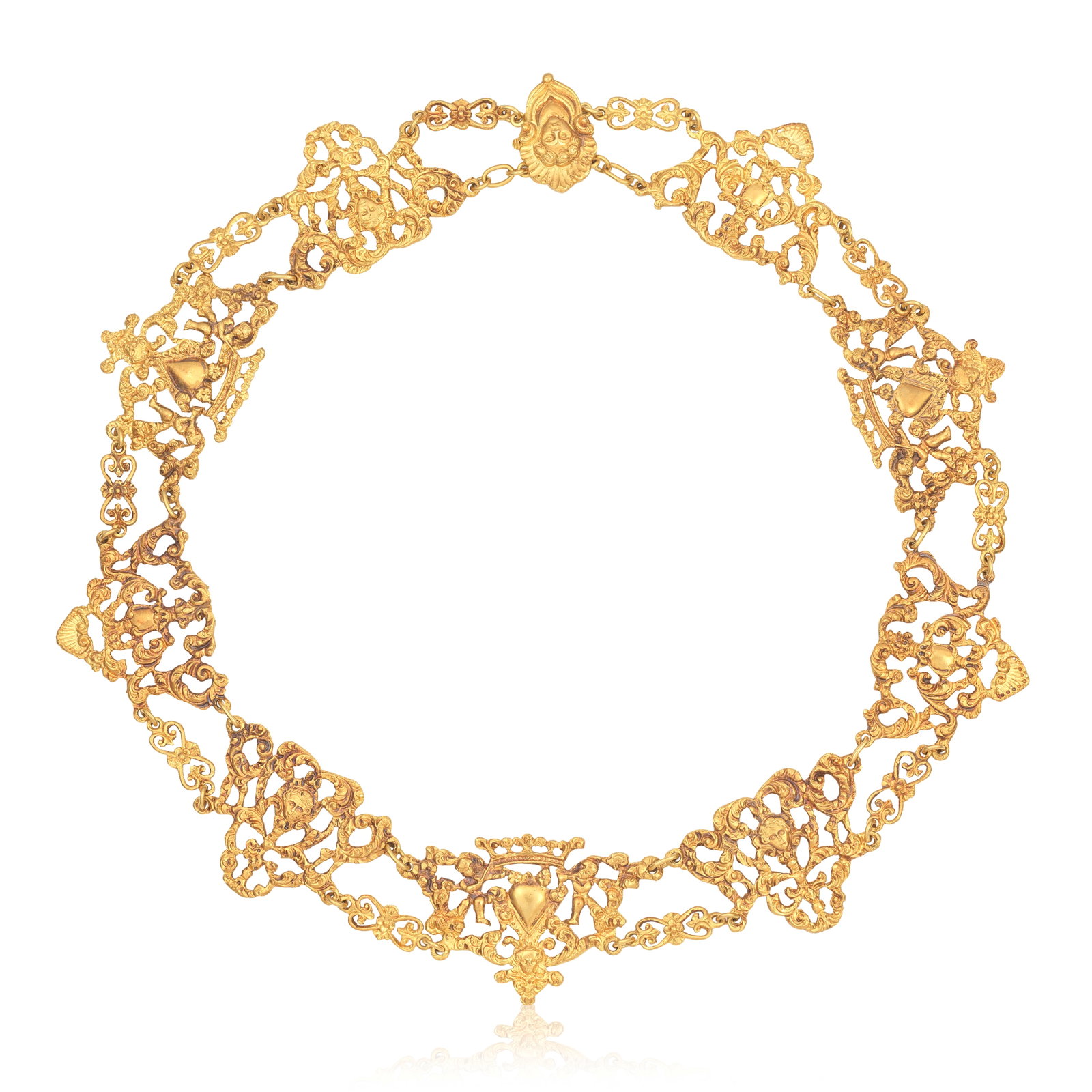REPOUSSÉ NECKLACE, LATE 19TH CENTURY: REPOUSSÉ NECKLACE, LATE 19TH CENTURY The gold openwork plaques with classical figureheads, stylised ewers and heart motifs, accented by acanthus leaf scrolls, length 44.0cm, cased by R. Stewart,