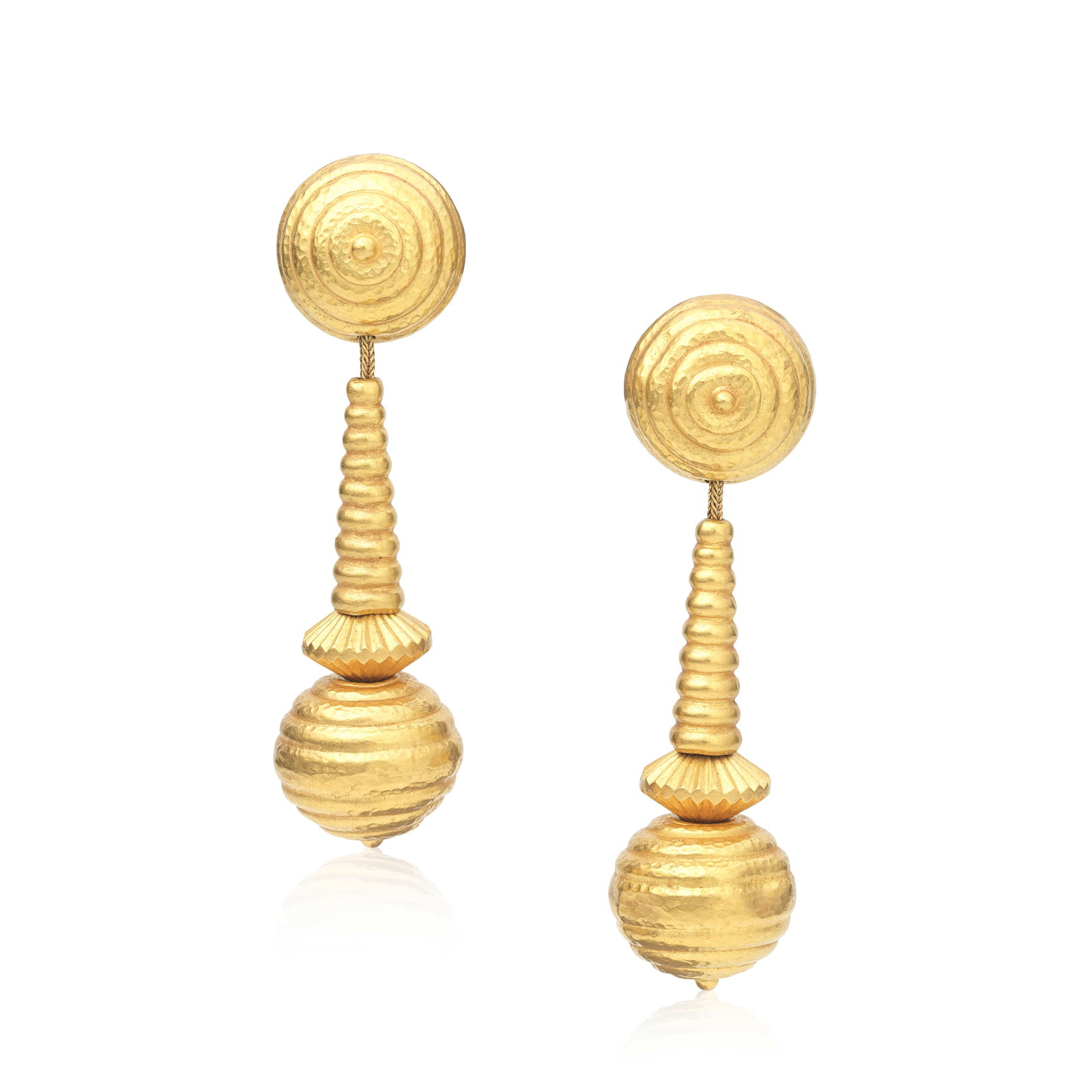 LALAOUNIS: PENDENT EARRINGS: LALAOUNIS: PENDENT EARRINGS Each bombé surmount of spiralled design, suspending a drop of reeded texturing, all of hammered finish, signed Lalaounis, maker's mark, length 7.2cm Footnotes: Please