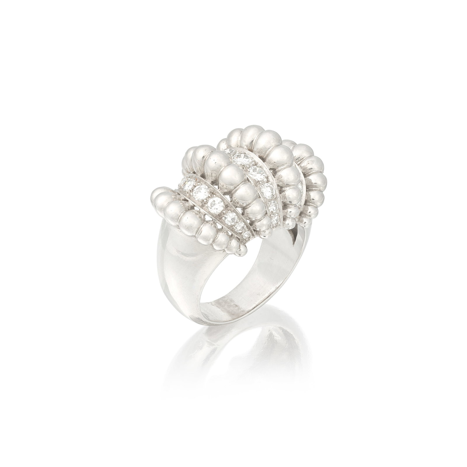 DIAMOND BOMBÉ RING, FRENCH, MIND 20TH CENTURY: DIAMOND BOMBÉ RING, FRENCH, MIND 20TH CENTURY Of bombé design, the graduated beaded rows accented by brilliant and single-cut diamonds, French maker's mark, possibly for André Defosse,