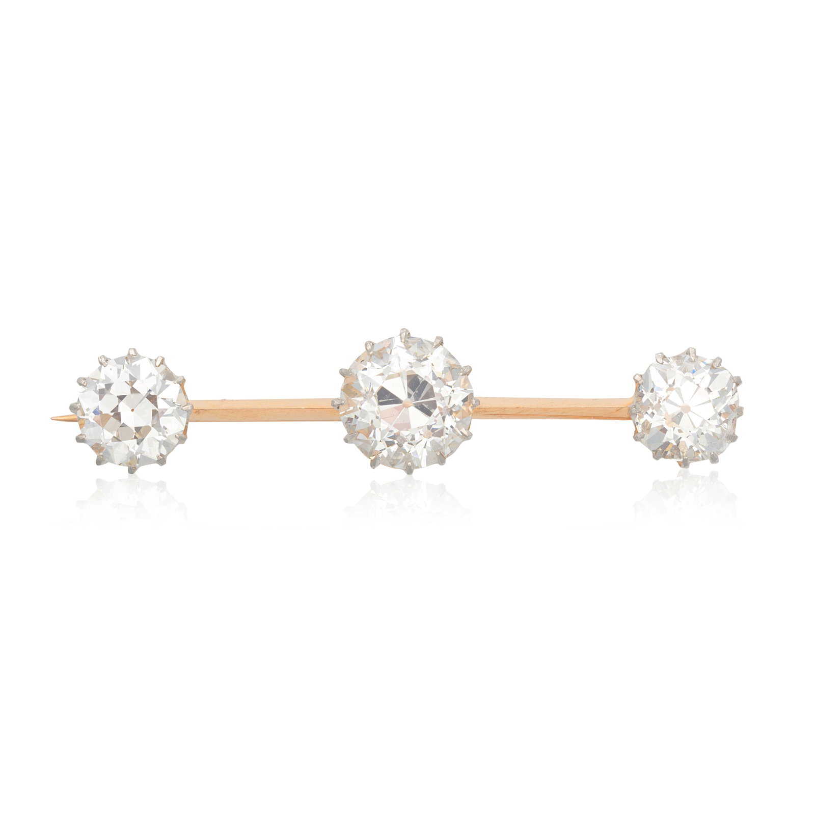 DIAMOND BAR BROOCH: DIAMOND BAR BROOCH The old brilliant-cut diamonds weighing 3.36 carats, 1.70 carats and 1.93 carats, length 4.6cm, cased by Gibson & Co Ltd, Donegal Place, Belfast For further information on this lot