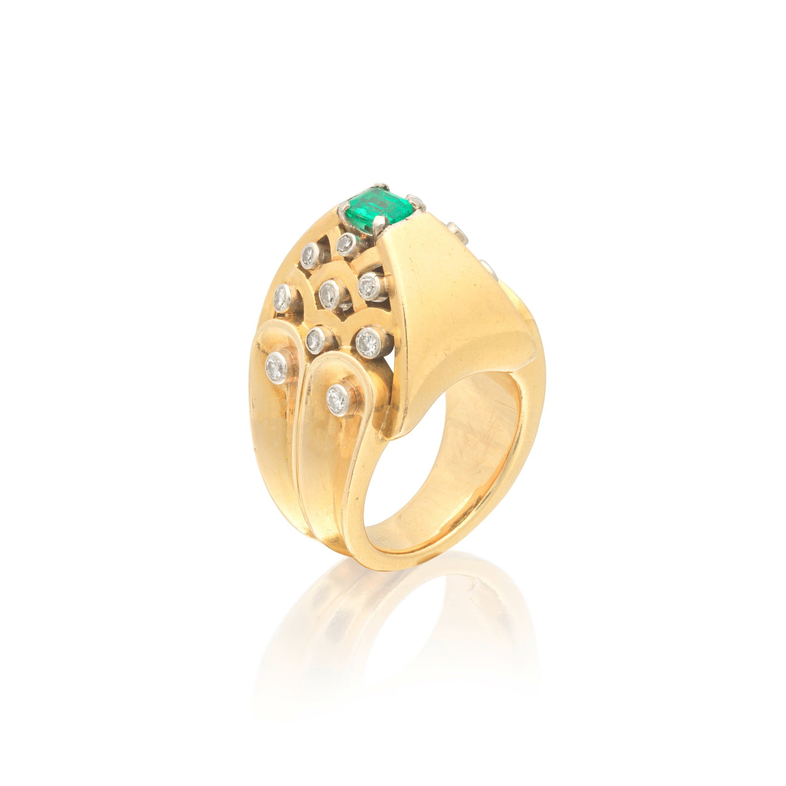 EMERALD AND DIAMOND RING, CIRCA 1940: EMERALD AND DIAMOND RING, CIRCA 1940 Of openwork, pyramidal design, accented with brilliant and single-cut diamonds, issuing a step-cut emerald, ring size approx. I½ For further information on