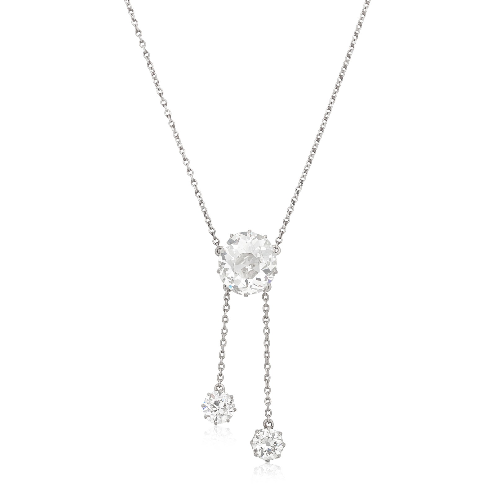 DIAMOND NEGLIGÉE PENDANT NECKLACE: DIAMOND NEGLIGÉE PENDANT NECKLACE The principal old brilliant-cut diamond weighing 4.73 carats, suspending two further similarly-cut diamonds, remaining diamonds approx. 1.10cts total, lengths: