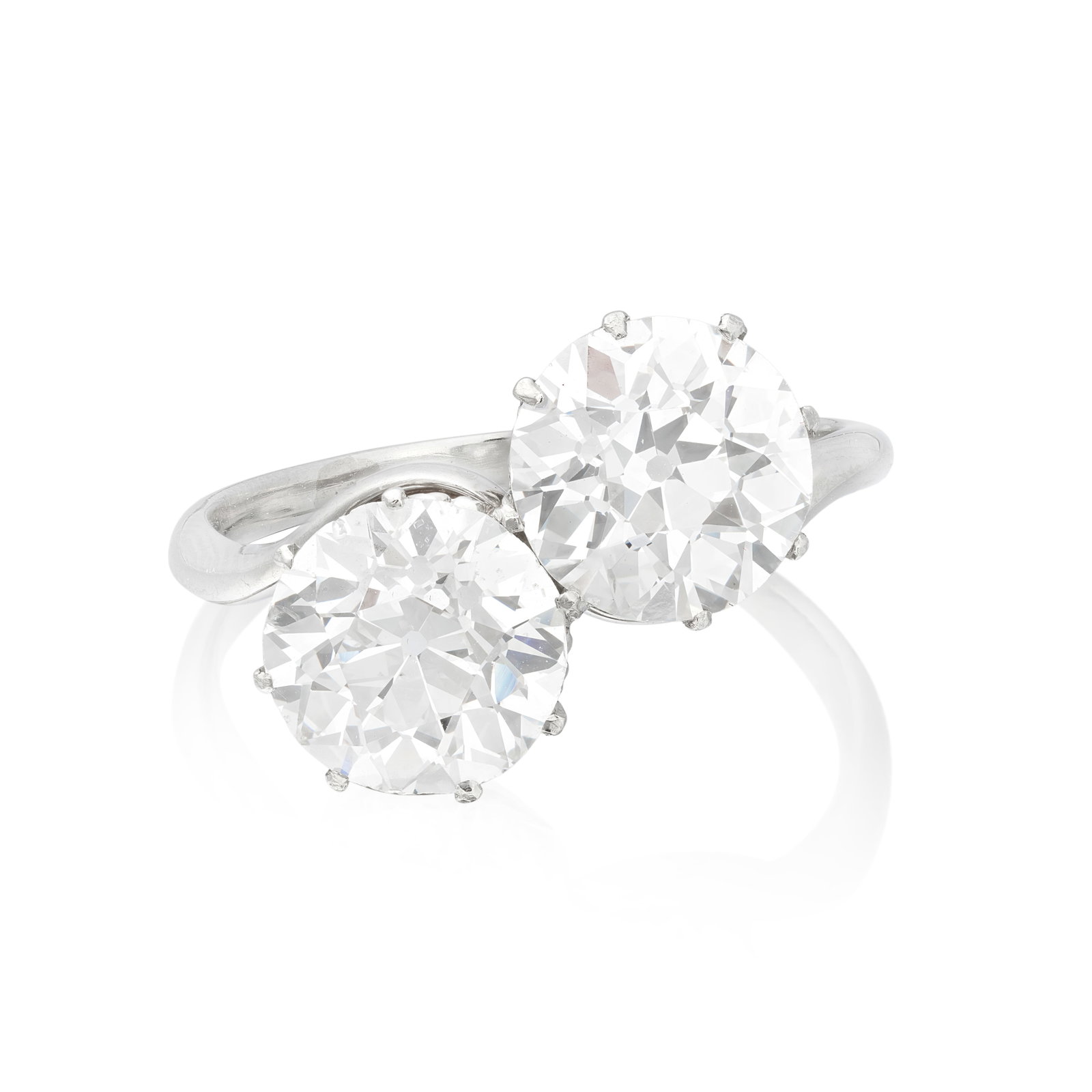 DIAMOND TWO-STONE RING: DIAMOND TWO-STONE RING The old brilliant-cut diamonds weighing 2.37 and 2.28 carats obliquely-set, ring size approx. Q For further information on this lot please visit Bonhams.com