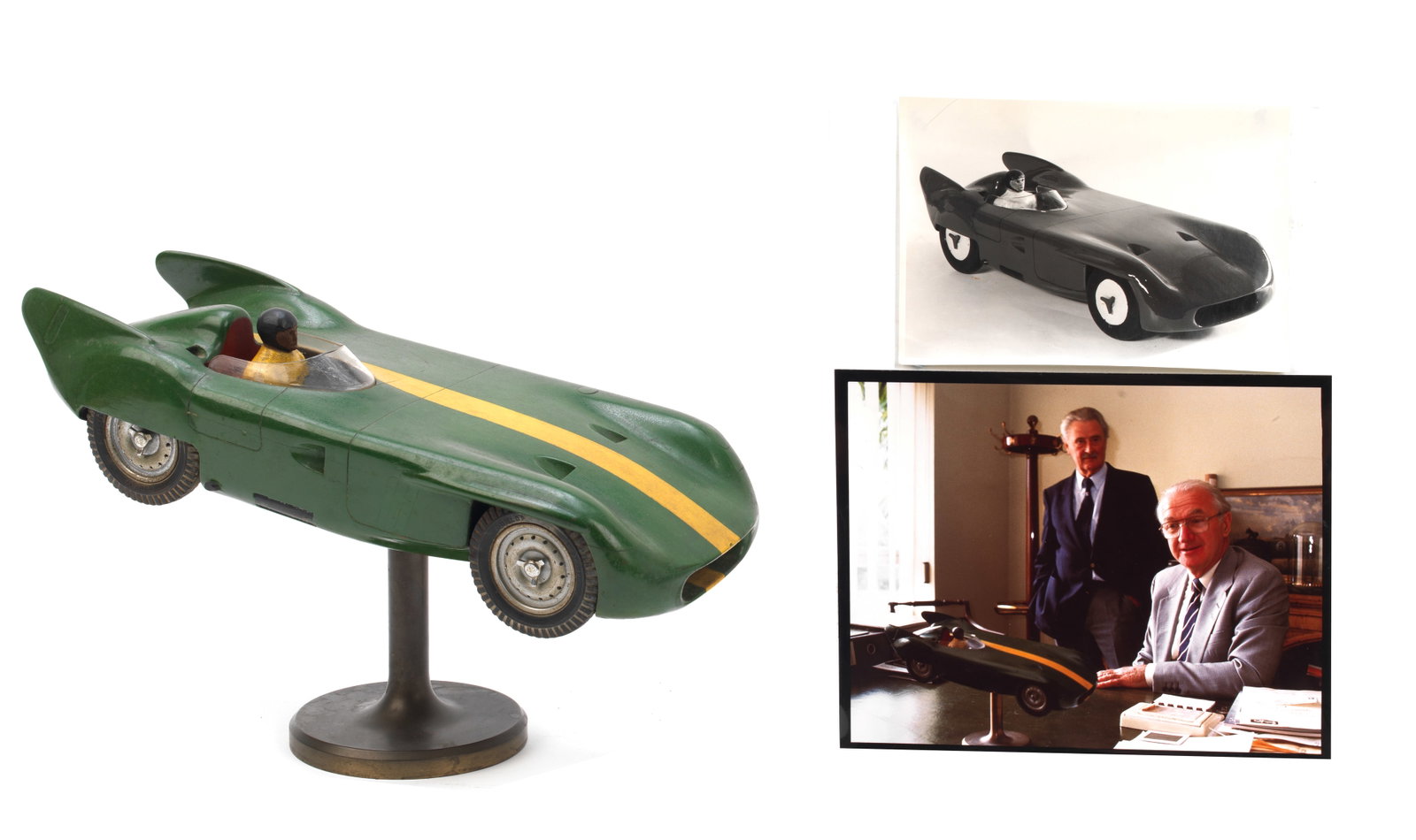 A shaped wooden wind tunnel model of the 1955 season Lister-Bristol sports racing car, ((4)): A shaped wooden wind tunnel model of the 1955 season Lister-Bristol sports racing car, approximately 1:10 scale solid wooden model by bodywork engineer Thomas Lucas, of the car as driven so successful