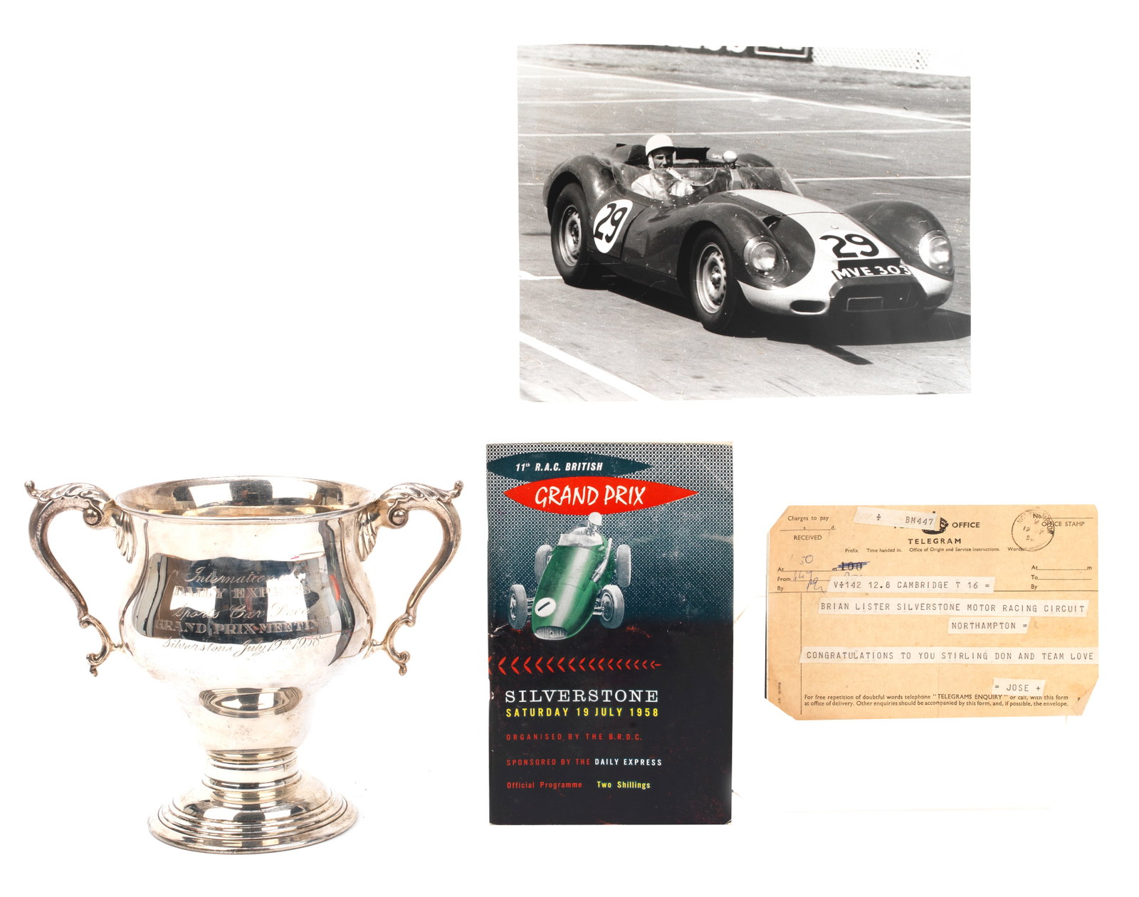 The 1958 Daily Express Grand Prix Meeting sterling silver trophy, awarded for Stirling Moss' vic... (1 of 1)