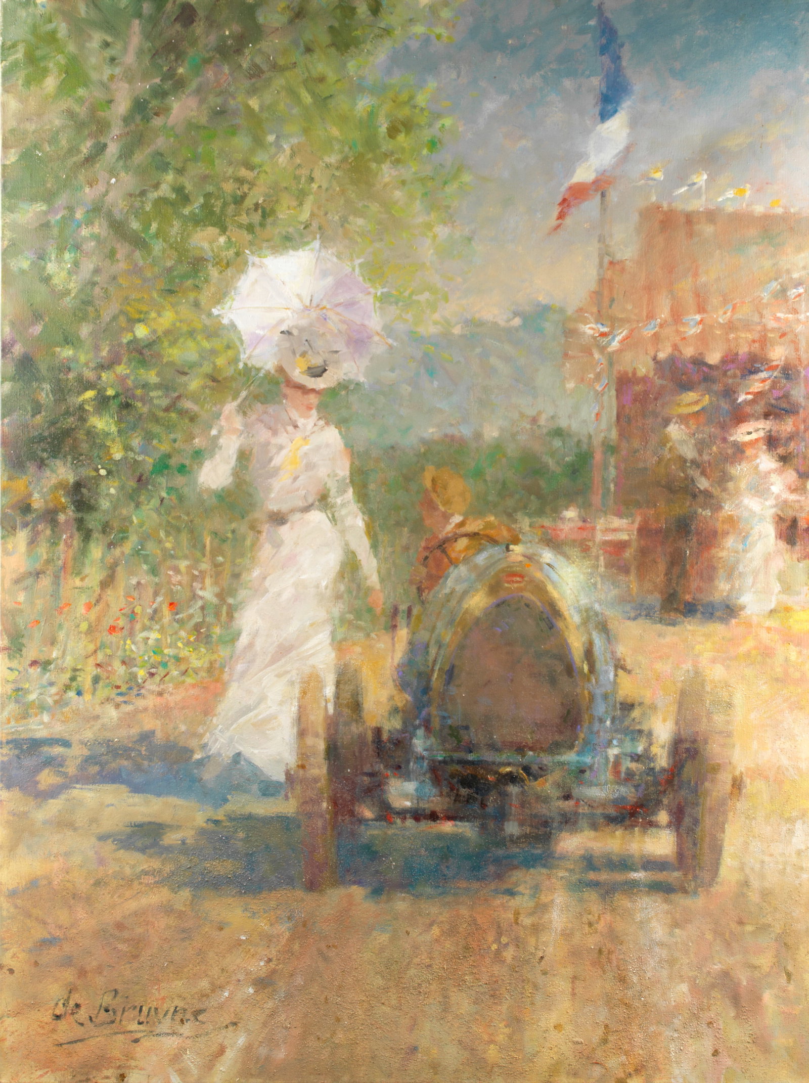 'De Bruyne' Dexter Brown, (British 1942 - ), 'The White Parasol & Brescia', ((2)): 'De Bruyne' Dexter Brown, (British 1942 - ), 'The White Parasol & Brescia', signed, oil on canvas, 122 x 91cm, mounted on wooden stretcher, titled and signed to reverse of canvas; together with a prel