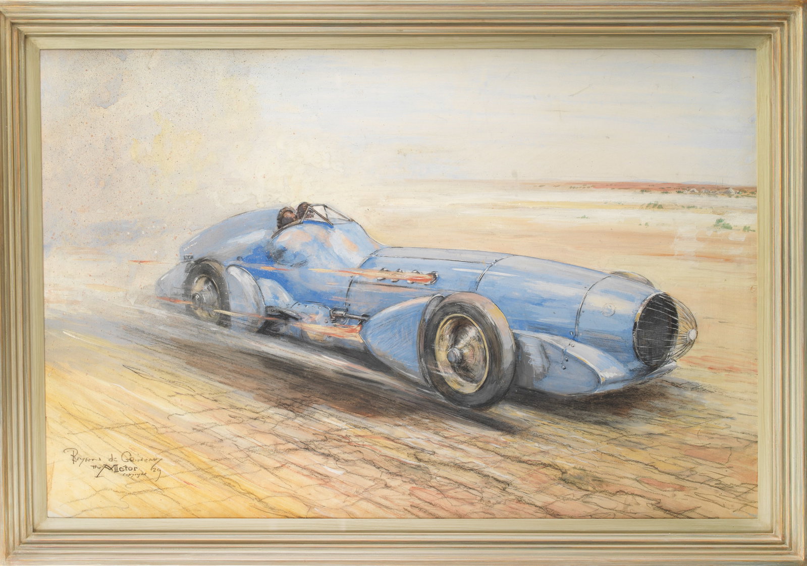 Bryan de Grineau (1883-1957) 'Campbell's Bluebird 1929, Speed Records at Verneukpan',: Bryan de Grineau (1883-1957) 'Campbell's Bluebird 1929, Speed Records at Verneukpan', signed and dated '29 'The Motor Copyright', watercolour and gouache with charcoal on paper, 49 x 74cm, framed and 
