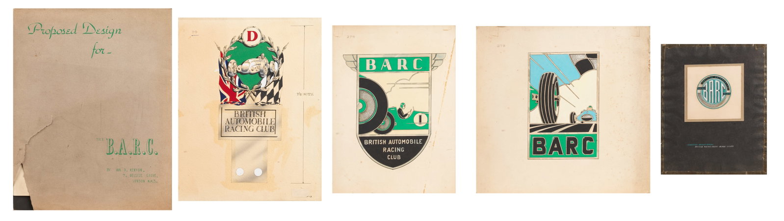 A series of proposed designs for the British Automobile Racing Club (BARC) car badge, late 1940s...: A series of proposed designs for the British Automobile Racing Club (BARC) car badge, late 1940s, for the enamelled club badge, comprising a grey card 'BARC' folio (torn) submitted by Ian D.Kenyon, 4t