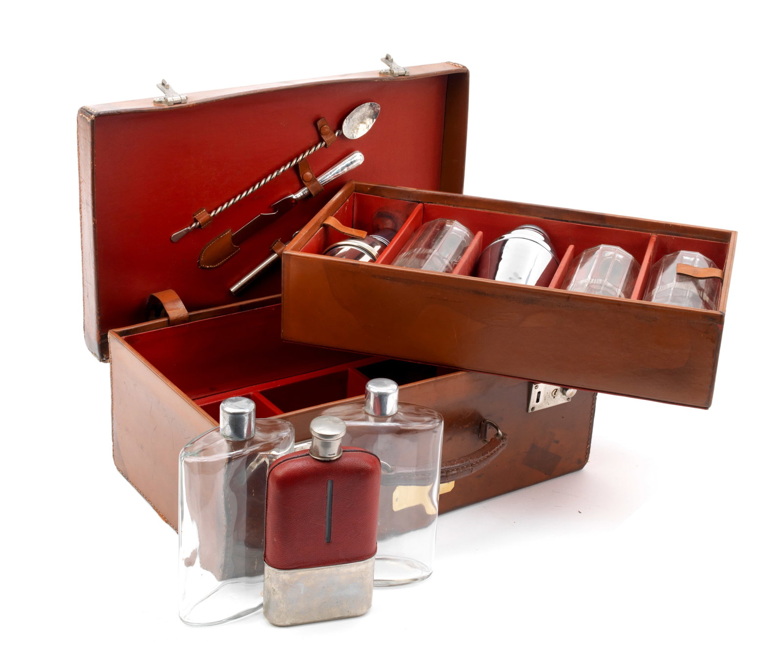 A leather-cased cocktail set for four persons by J.C.Vickery, circa 1919,: A leather-cased cocktail set for four persons by J.C.Vickery, circa 1919, brown leather case with handle and nickel-plated locks and catches, the lid opening to reveal maroon leather-lined compartment