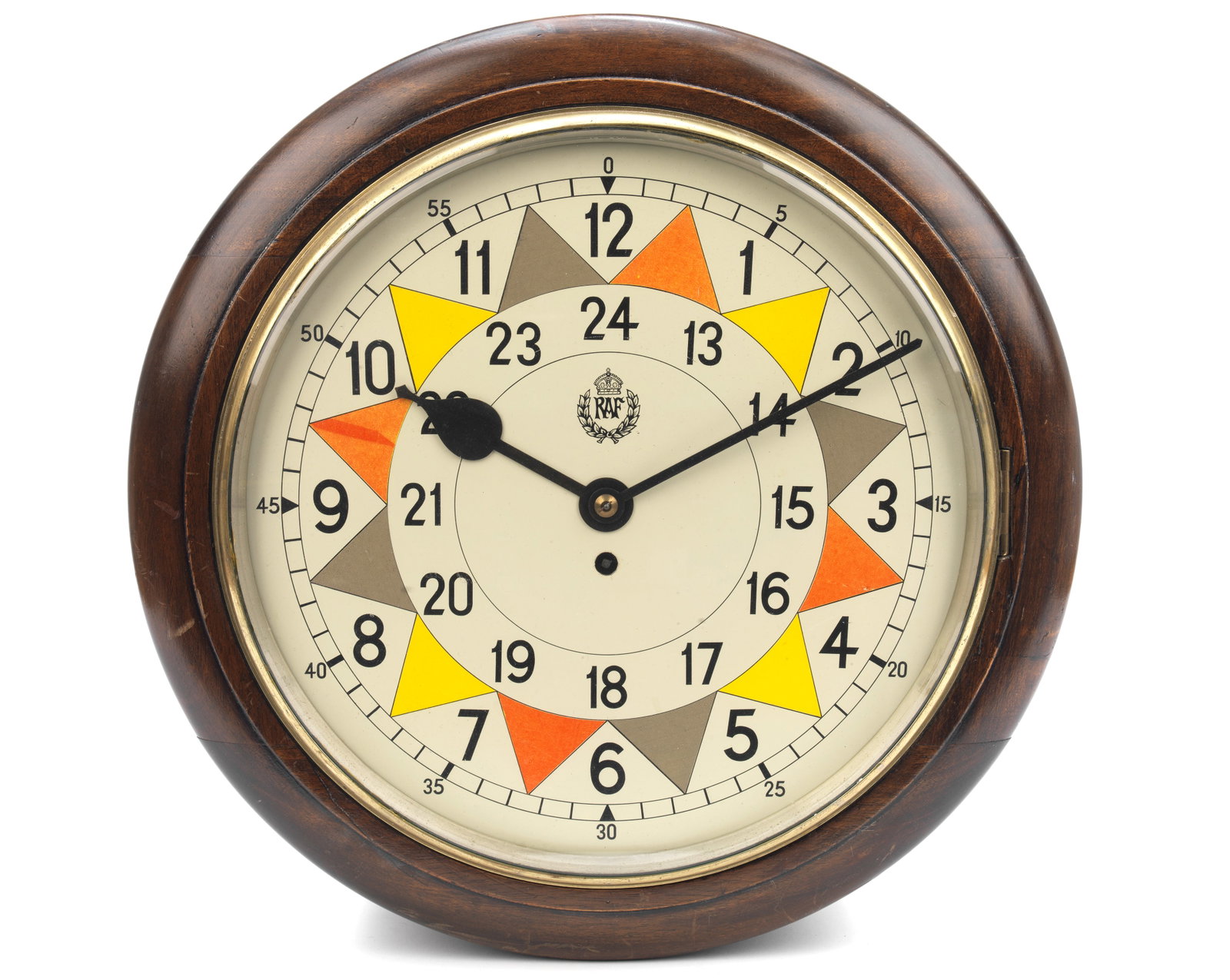 A 1939 Royal Air Force sector clock with Elliott movement, ((Qty)): A 1939 Royal Air Force sector clock with Elliott movement, silk-screen printed 14 inch dial with outside-pointing war-time tone down coloured 5 minute sectors (colours faded), black 1939 type laurel w