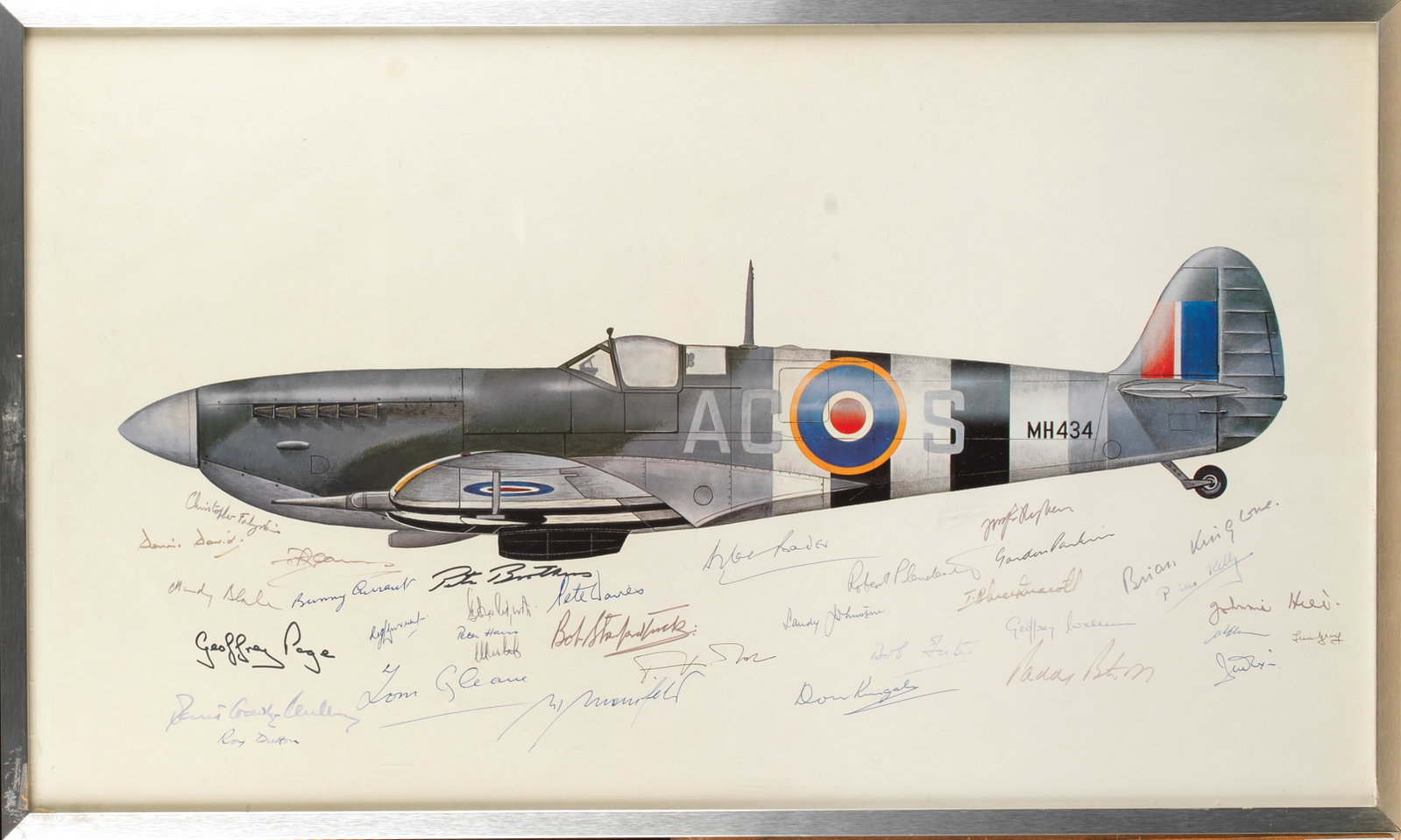 A Battle of Britain pilots signed print of a Supermarine Spitfire Mk IX after Keith Broomfield, ...: A Battle of Britain pilots signed print of a Supermarine Spitfire Mk IX after Keith Broomfield, 1978, rare example with 34 signatures including Douglas Bader, Bob Stanford-Tuck, Brian Kingcome, Christ