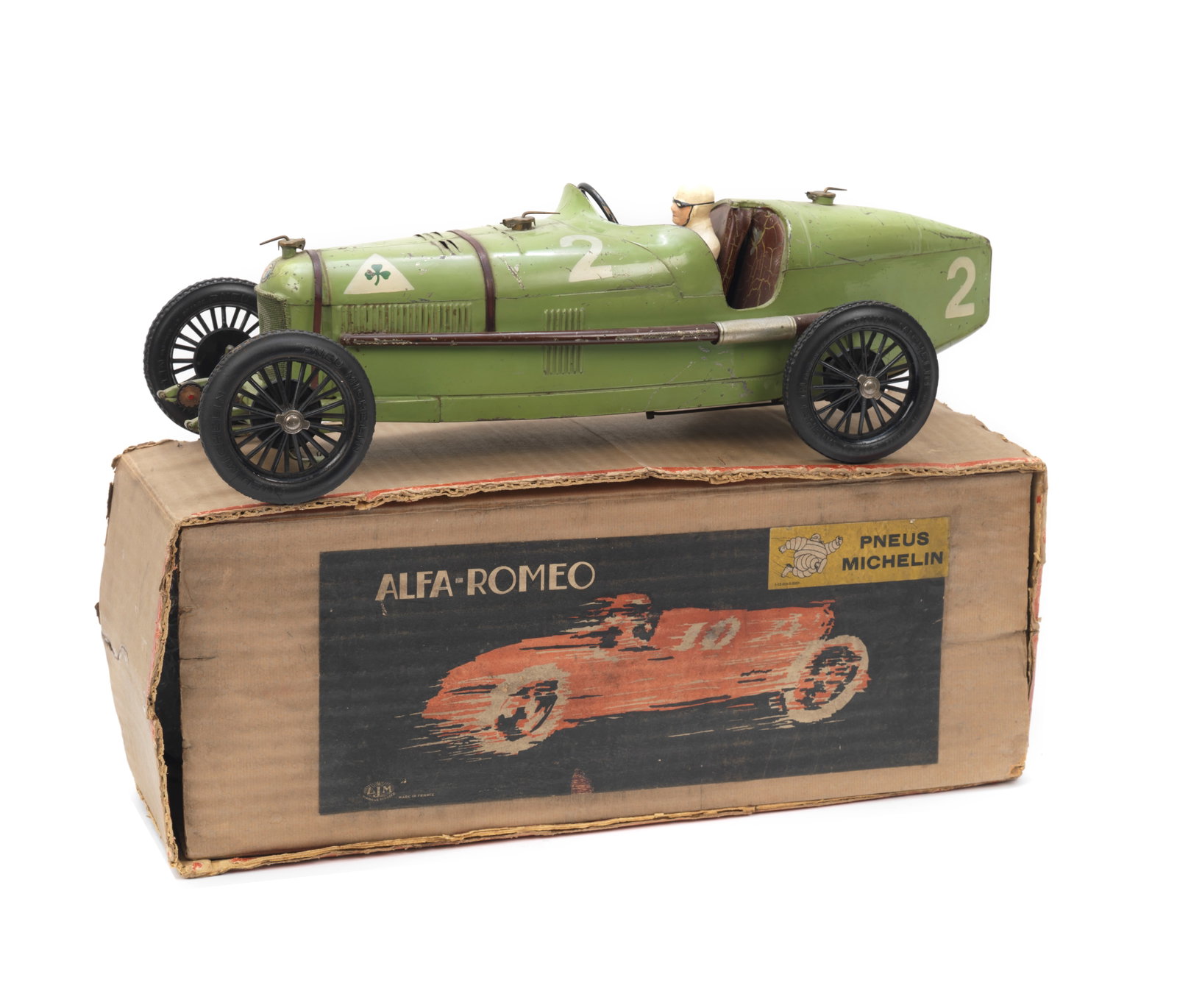 A tin-plate clockwork Alfa Romeo P2 by CIJ (Compagnie Industrielle du Jouets) with driver and bo... (1 of 1)