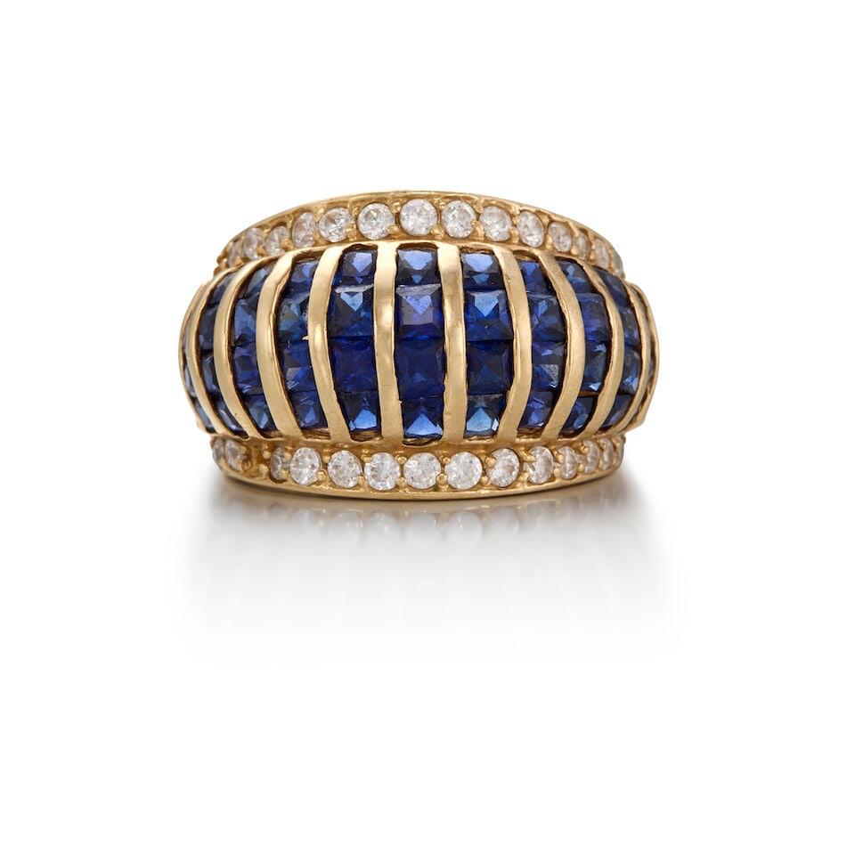 14K YELLOW GOLD, SAPPHIRE, AND DIAMOND RING: 14K YELLOW GOLD, SAPPHIRE, AND DIAMOND RING • Numerous square shaped sapphires weighing approximately 2 carats total • Numerous round shaped diamonds weighing approximately 0.25 carat tota