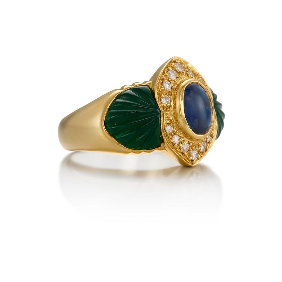 18K YELLOW GOLD, SAPPHIRE, CHALCEDONY, AND DIAMOND RING - 2