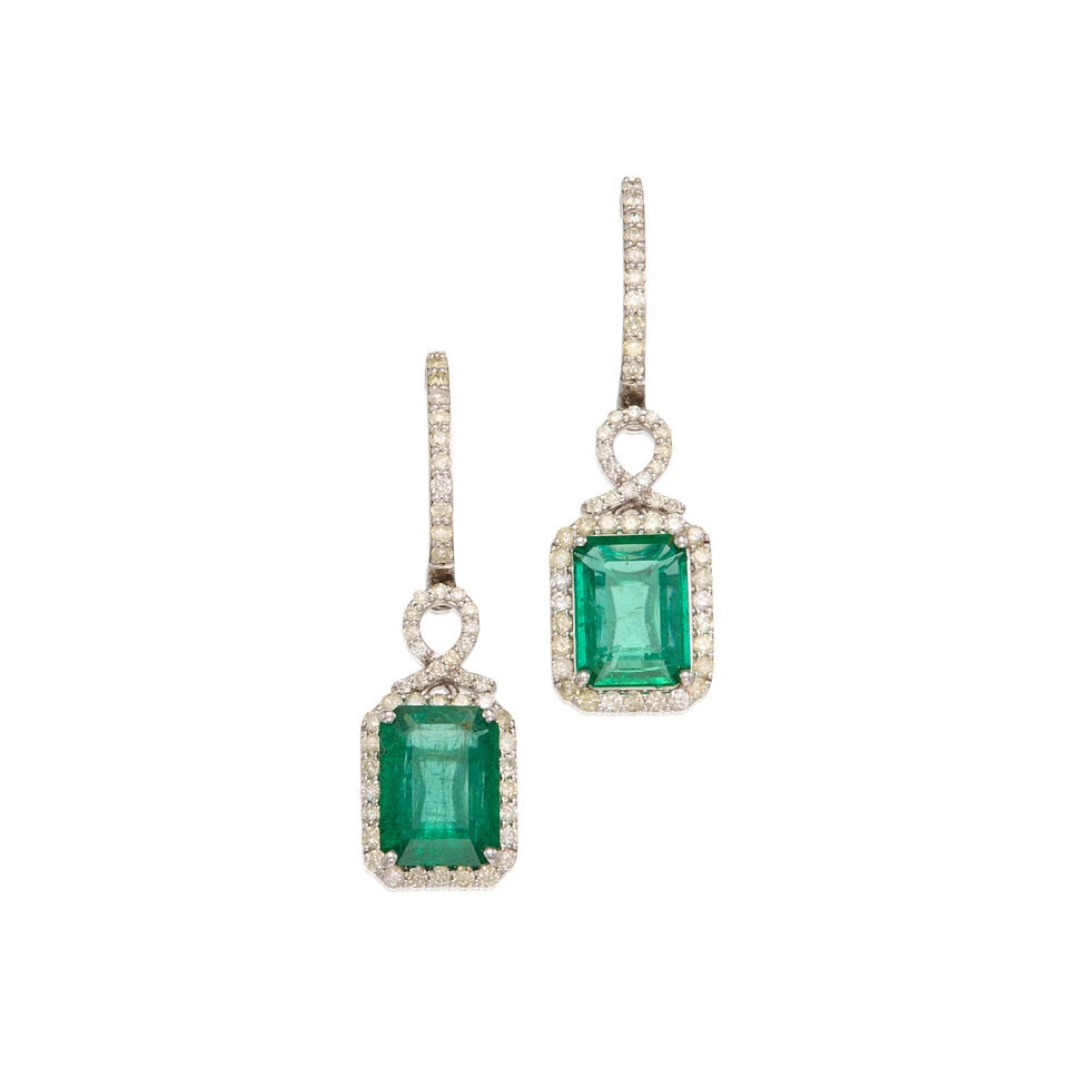 OSCAR FRIEDMAN: 14K WHITE GOLD, EMERALD, AND DIAMOND EARRINGS: OSCAR FRIEDMAN: 14K WHITE GOLD, EMERALD, AND DIAMOND EARRINGS • Two rectangular step cut emeralds weighing approximately 3.80 carats total • Numerous round shaped diamonds weighing approxi