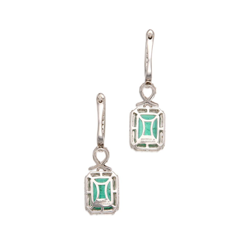 OSCAR FRIEDMAN: 14K WHITE GOLD, EMERALD, AND DIAMOND EARRINGS - 2
