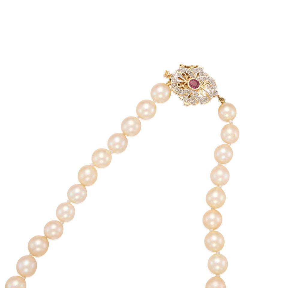 BICOLORED GOLD, CULTURED PEARL, RUBY, AND DIAMOND NECKLACE - 3