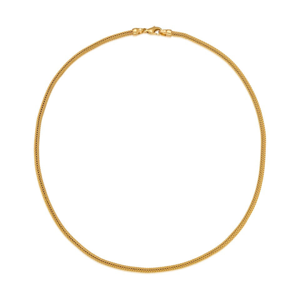 18K YELLOW GOLD NECKLACE: 18K YELLOW GOLD NECKLACE • Length 17 1/4 in. • Estimated gross weight: 22.1 grams Footnotes: Tuulikki Suominen Wolff was a Finnish dancer, actress, painter and wife of famed news writer,