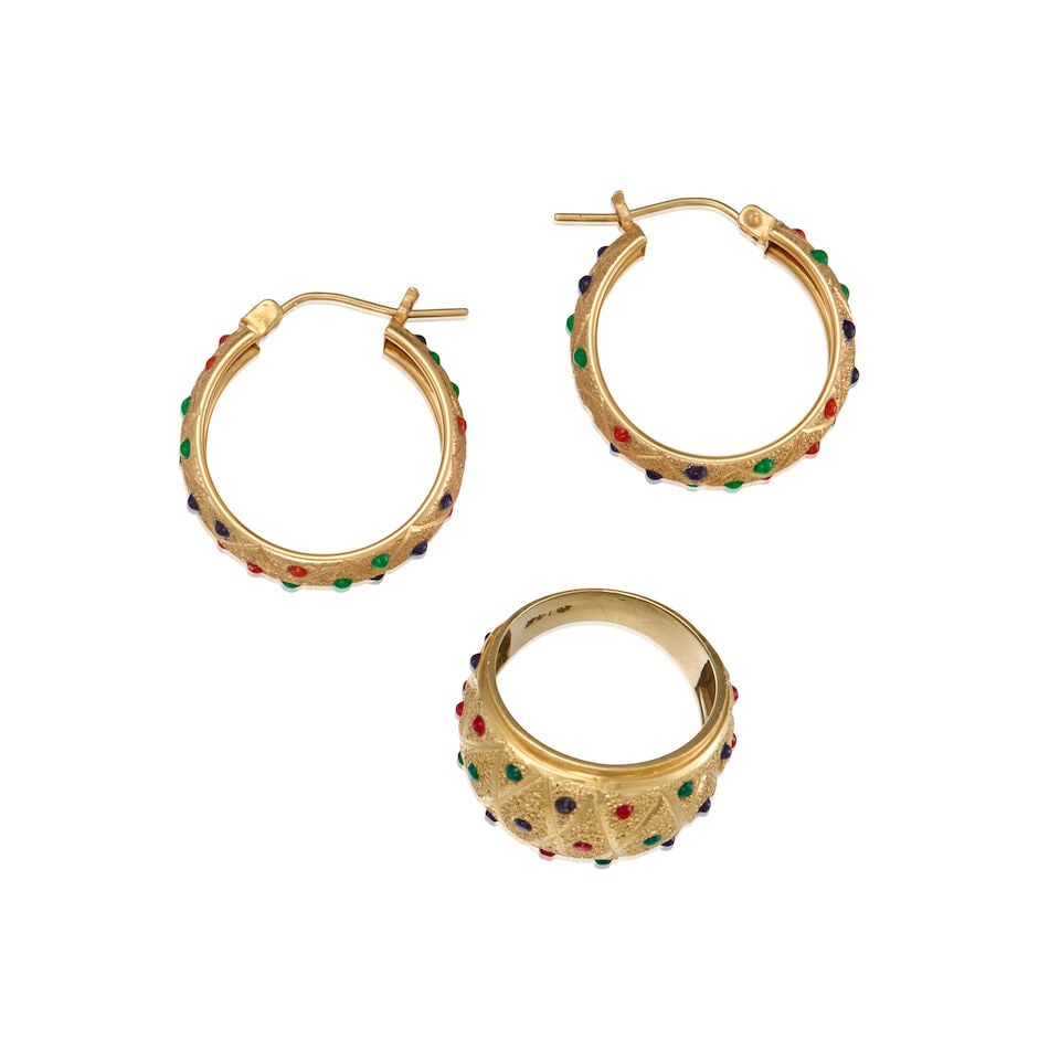 14K YELLOW GOLD AND GLASS RING AND EARRINGS - 3