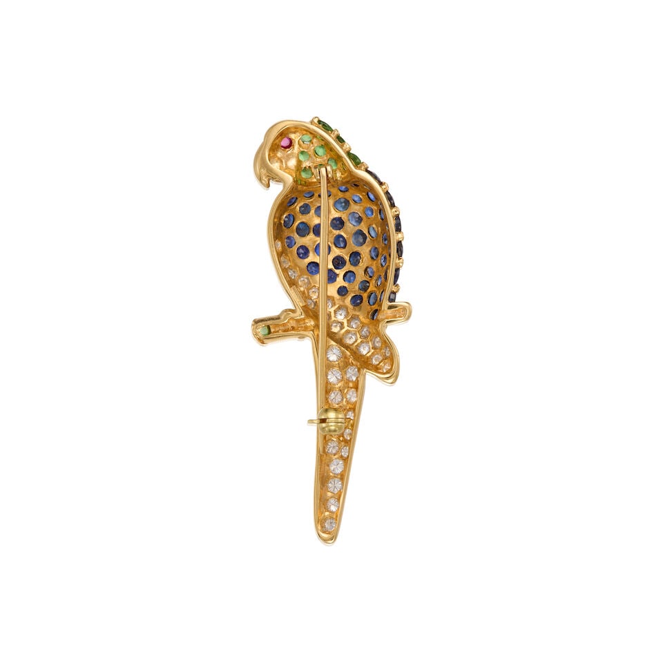 18K GOLD, GEMSET AND DIAMOND BIRD BROOCH - 2