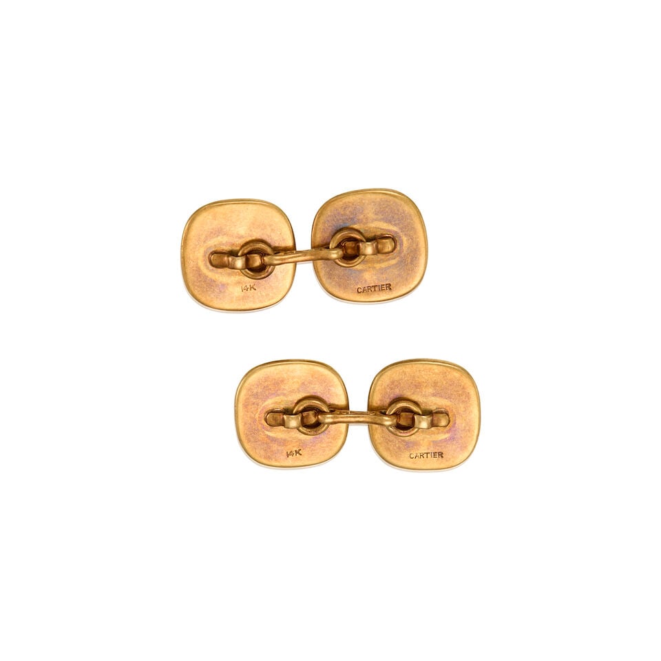 CARTIER: 14K YELLOW GOLD, ROCK CRYSTAL, MOTHER OF PEARL, AND ENAMEL CUFFLINKS - 2