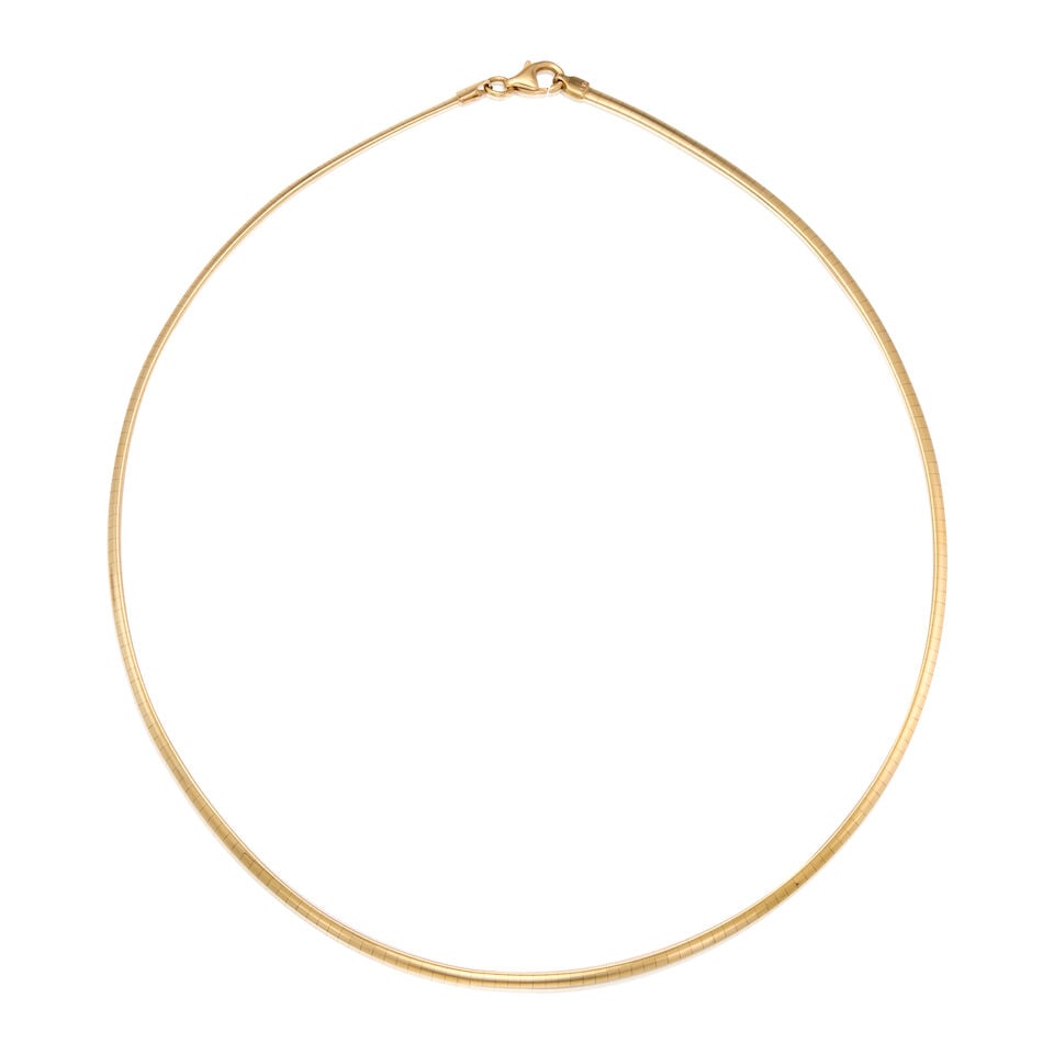 14K YELLOW GOLD OMEGA NECKLACE: 14K YELLOW GOLD OMEGA NECKLACE • Length 16 1/4 in. • Estimated gross weight: 10.1 grams Footnotes: Tuulikki Suominen Wolff was a Finnish dancer, actress, painter and wife of famed news