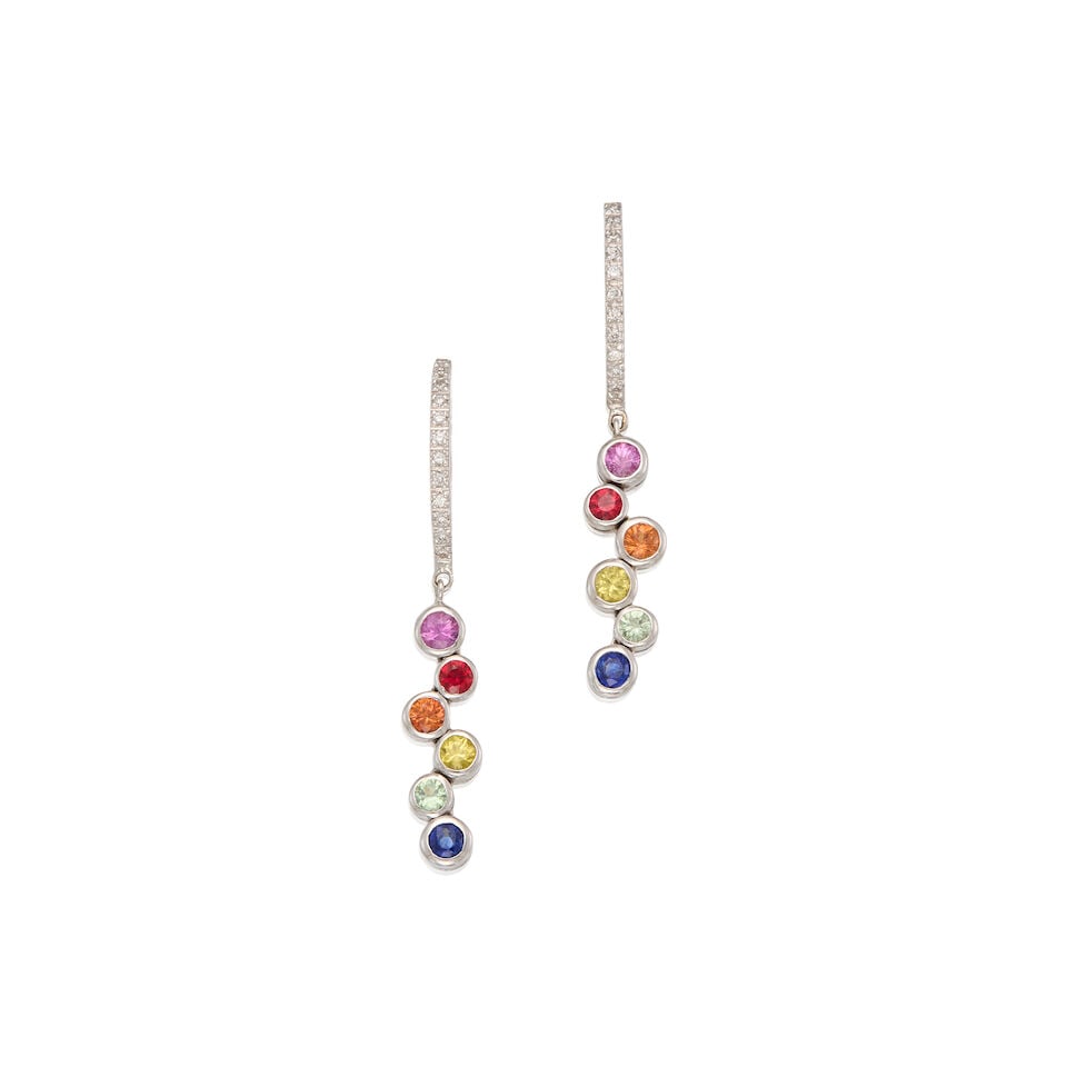 18K WHITE GOLD, SAPPHIRE, AND DIAMOND EARRINGS: 18K WHITE GOLD, SAPPHIRE, AND DIAMOND EARRINGS • Twelve round shaped sapphires weighing approximately 0.90 carat total • Twenty-four round shaped melee diamonds • Measures 1 5/8 in.
