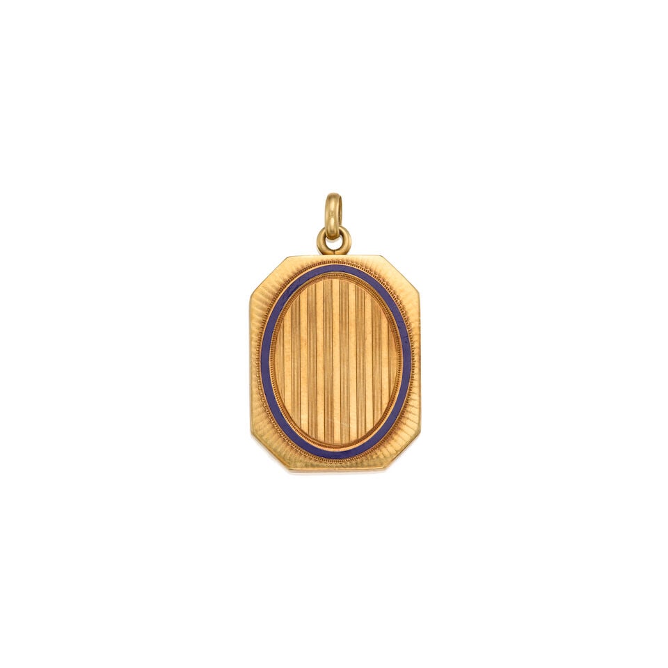 14K YELLOW GOLD AND ENAMEL LOCKET PENDANT: 14K YELLOW GOLD AND ENAMEL LOCKET PENDANT • With two oval shaped portraits measuring approximately 16.49mm x 13.04mm • Personal engraving on the back of the pendant • Measures 1 1/4