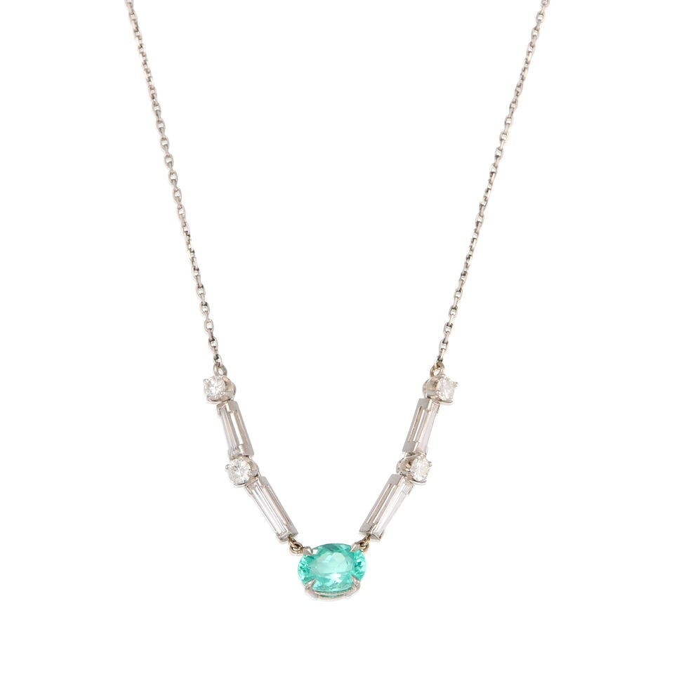 PLATINUM, PARAÍBA-TYPE TOURMALINE, AND DIAMOND NECKLACE WITH GIA REPORT: PLATINUM, PARAÍBA-TYPE TOURMALINE, AND DIAMOND NECKLACE WITH GIA REPORT • An oval modified brilliant cut Paraíba-Type tourmaline stated to weigh 1.26 carats and measuring 7.95mm x