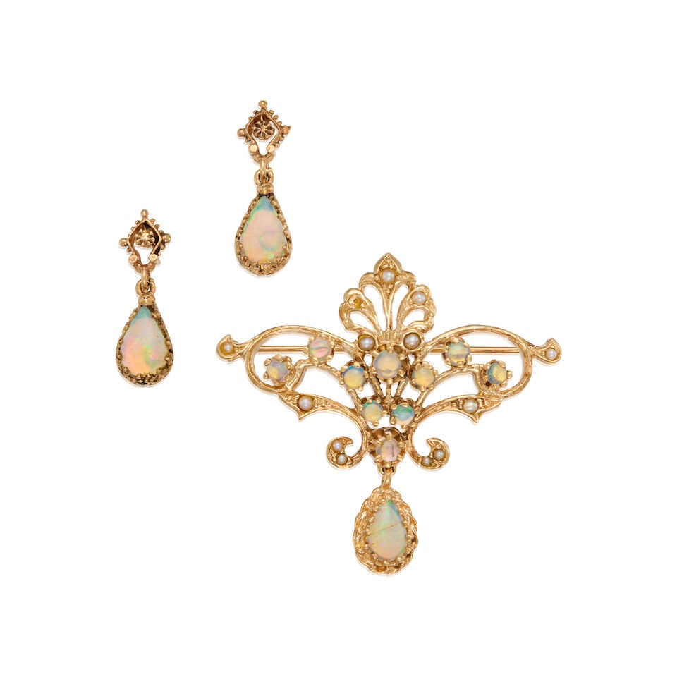 GOLD, OPAL, CULTURED SEED PEARL, BROOCH AND EARRINGS (1 of 2)