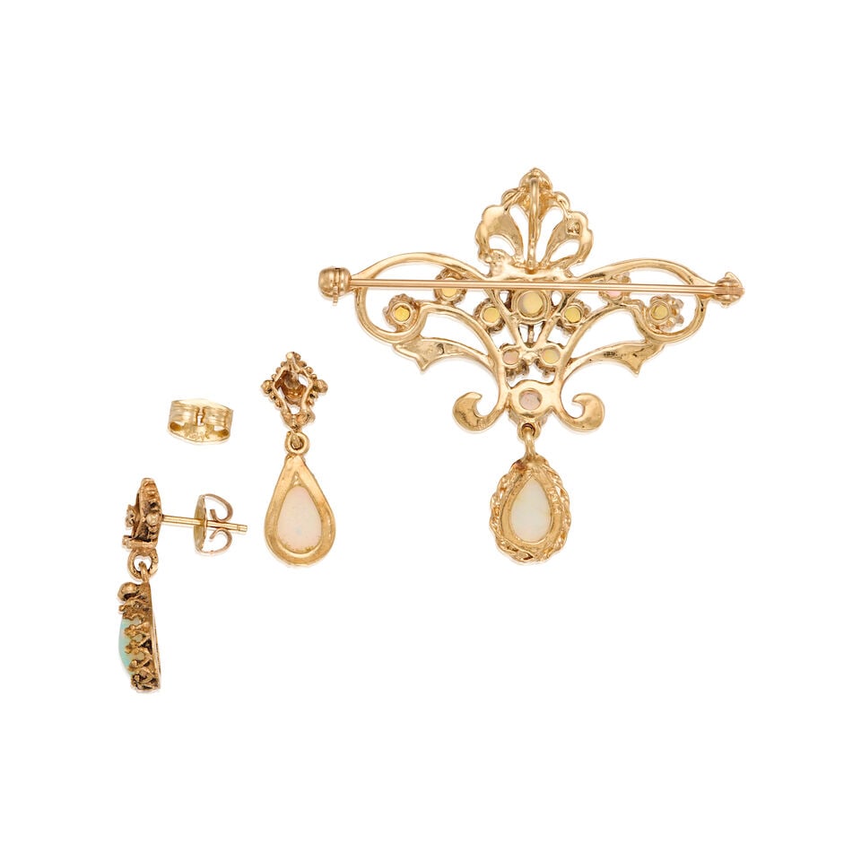 GOLD, OPAL, CULTURED SEED PEARL, BROOCH AND EARRINGS - 2