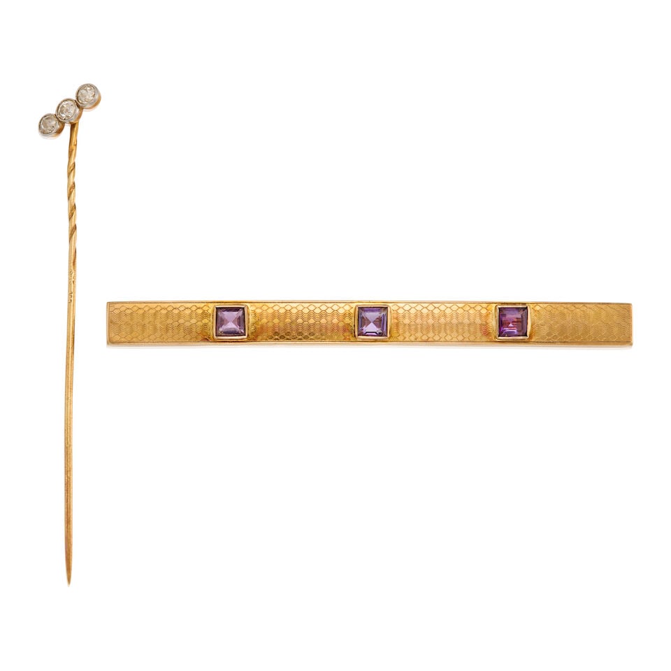TWO GOLD, AMETHYST, AND DIAMOND STICK PIN AND BROOCH: TWO GOLD, AMETHYST, AND DIAMOND STICK PIN AND BROOCH • 14K gold and platinum-topped low karat gold stick pin with three old mine-cut diamonds weighing approximately 0.24 carat total, scratch