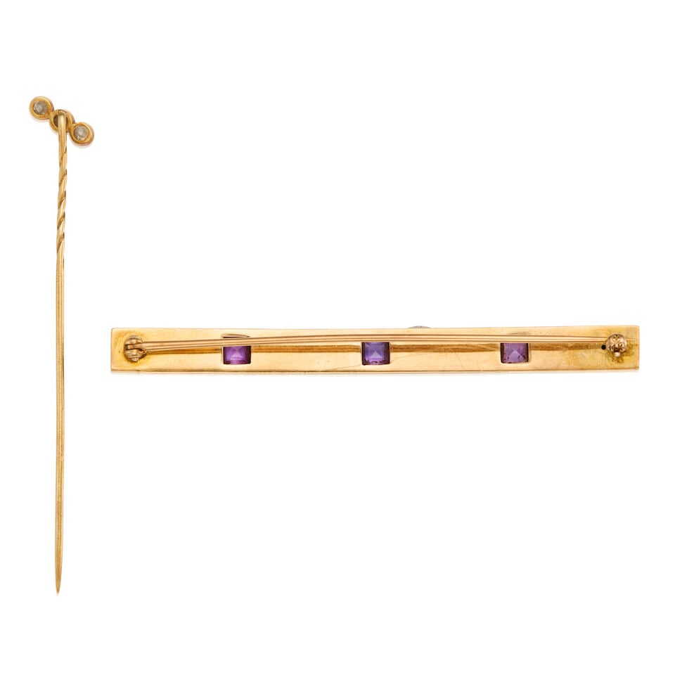 TWO GOLD, AMETHYST, AND DIAMOND STICK PIN AND BROOCH - 2