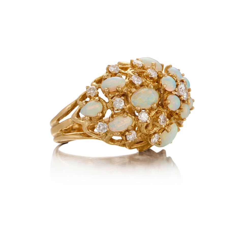 14K YELLOW GOLD, OPAL, AND DIAMOND RING - 2
