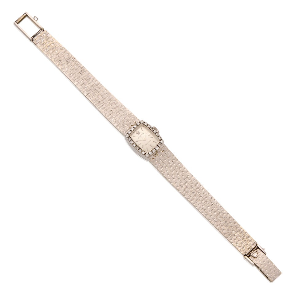 ROLEX: 18K WHITE GOLD AND DIAMOND 'PRECISION' WRISTWATCH: ROLEX: 18K WHITE GOLD AND DIAMOND 'PRECISION' WRISTWATCH • 18K white gold watch case and bracelet • Twenty-four round shaped diamonds weighing approximately 0.24 carat total •