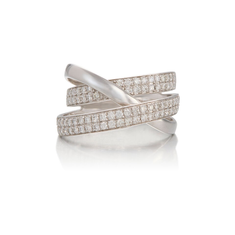 18K WHITE GOLD AND DIAMOND RING: 18K WHITE GOLD AND DIAMOND RING • Numerous round brilliant cut diamonds weighing approximately 0.60 carat total • Size 6 1/2 • Estimated gross weight: 6.7 grams Footnotes: OVERALL