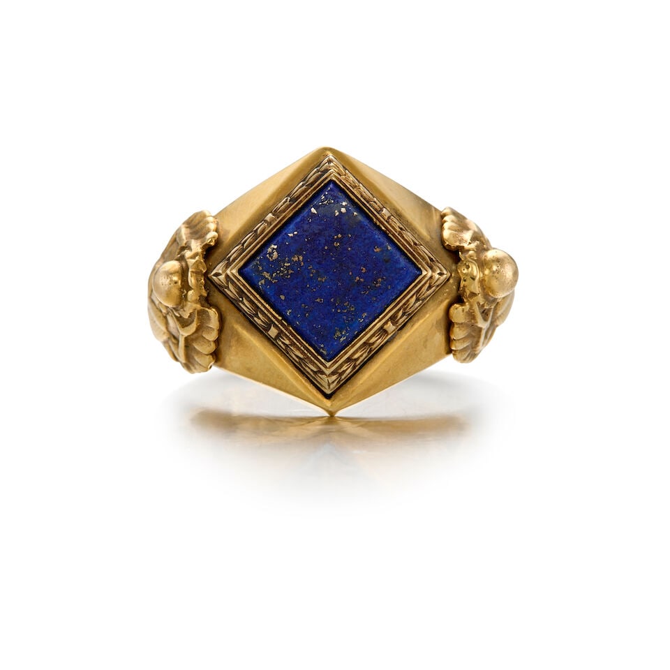 A VINTAGE 14K YELLOW GOLD AND LAPIS LAZULI RING: A VINTAGE 14K YELLOW GOLD AND LAPIS LAZULI RING • One square shaped lapis lazuli tablet measuring approximately 8.85mm x 8.95mm x 2.71mm • Size 7 1/2 • Estimated gross weight: 9.3 gr