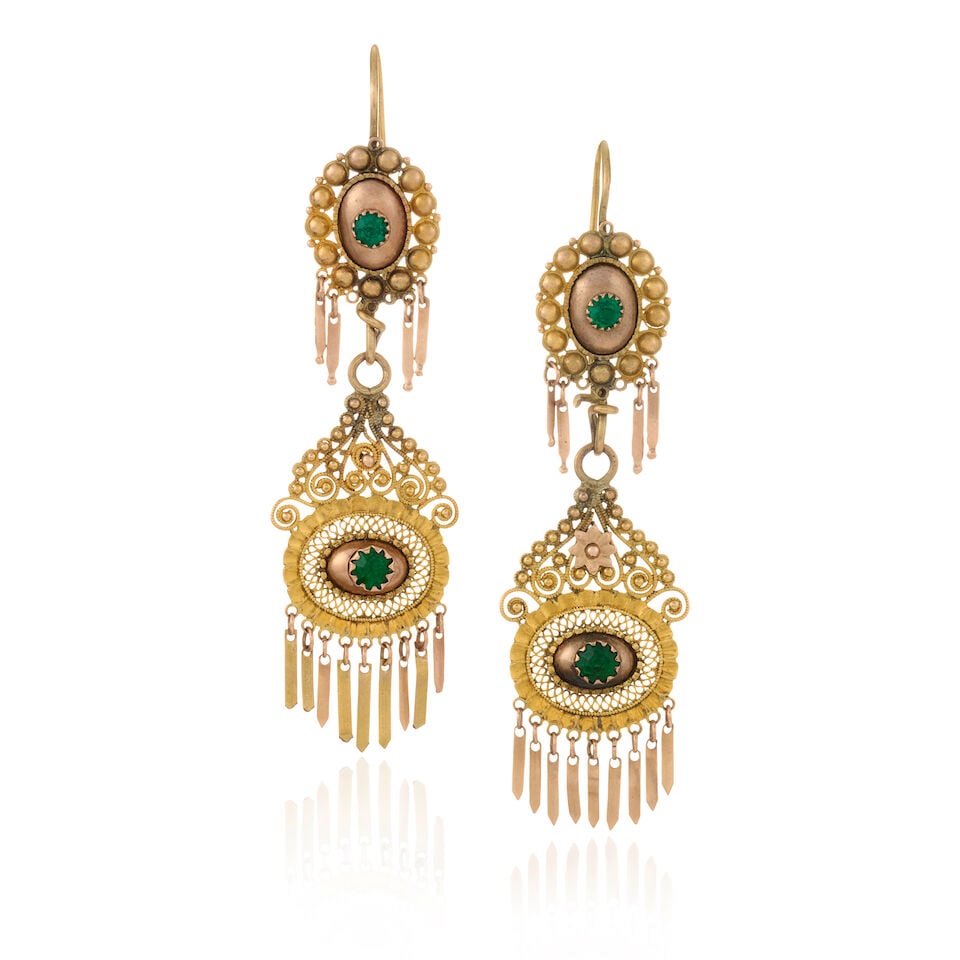ANTIQUE GOLD AND GREEN PASTE EARRINGS: ANTIQUE GOLD AND GREEN PASTE EARRINGS • 9K, 10K, 13K, 14K and 17K yellow and rose gold • Four-round shaped green paste measuring 3.09mm x 3.66mm • Scratch mark present •